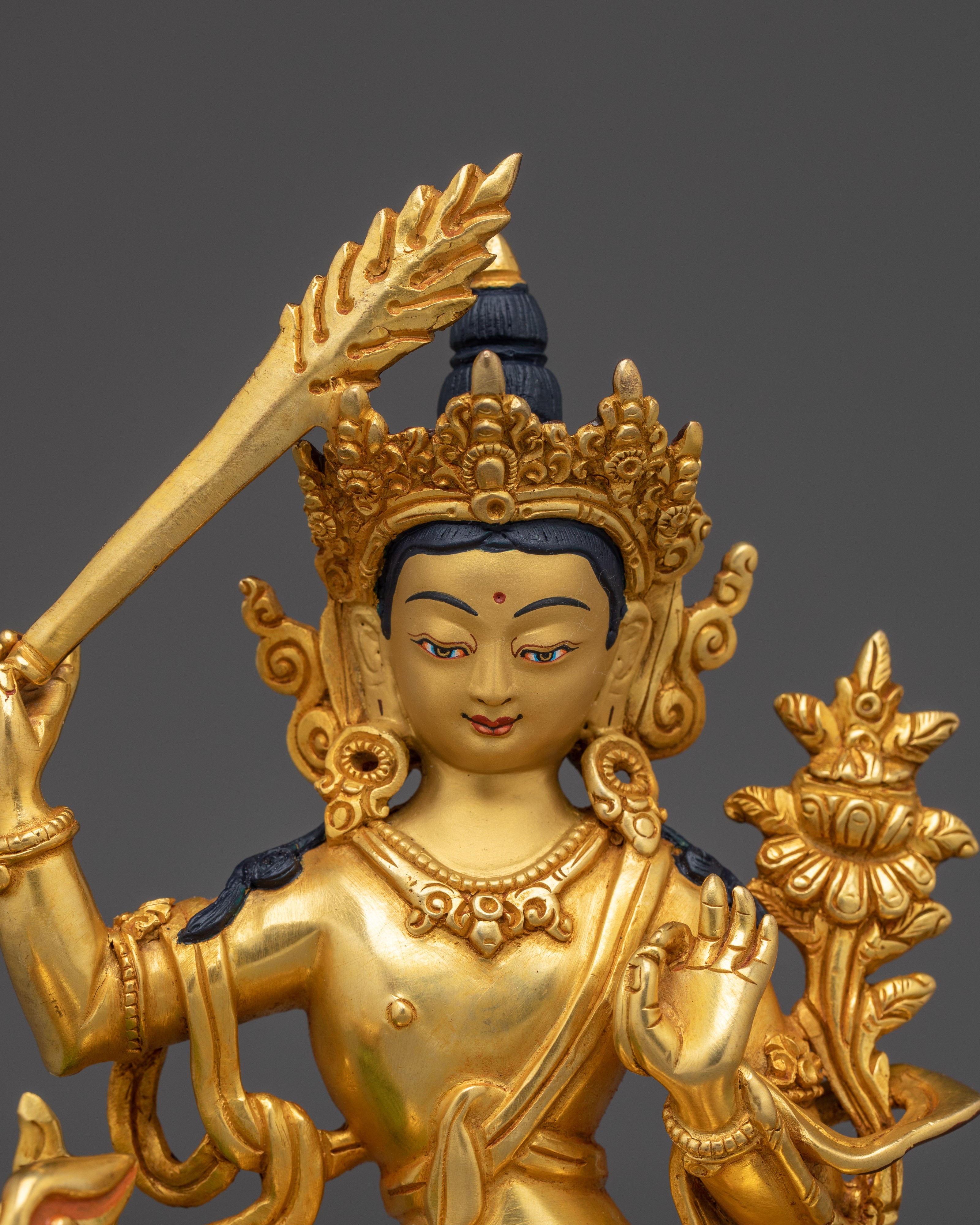 Golden Simhanada Manjushri Statue | Supreme Wisdom Bodhisattva