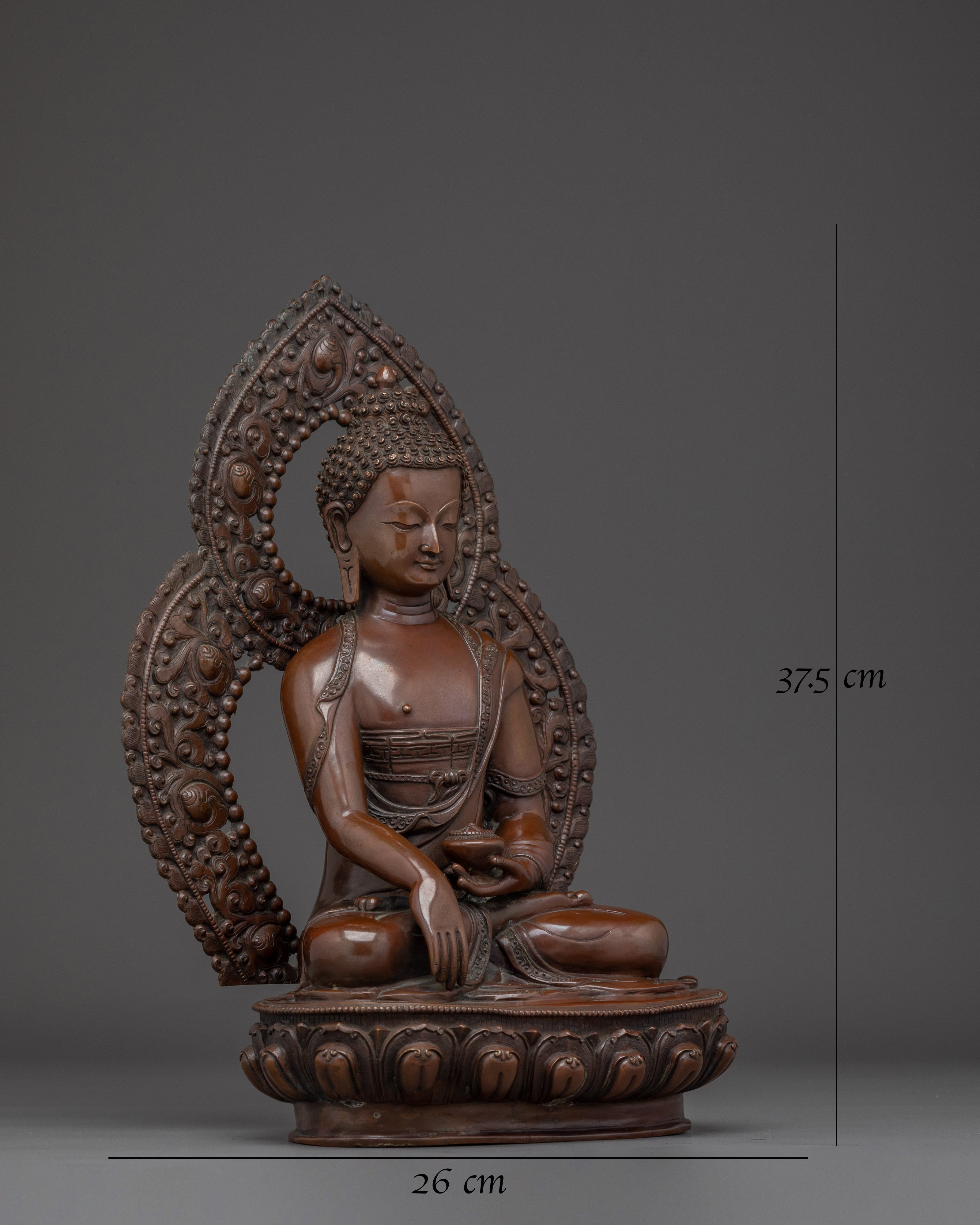 Shakyamuni Buddha statue with oxidized copper