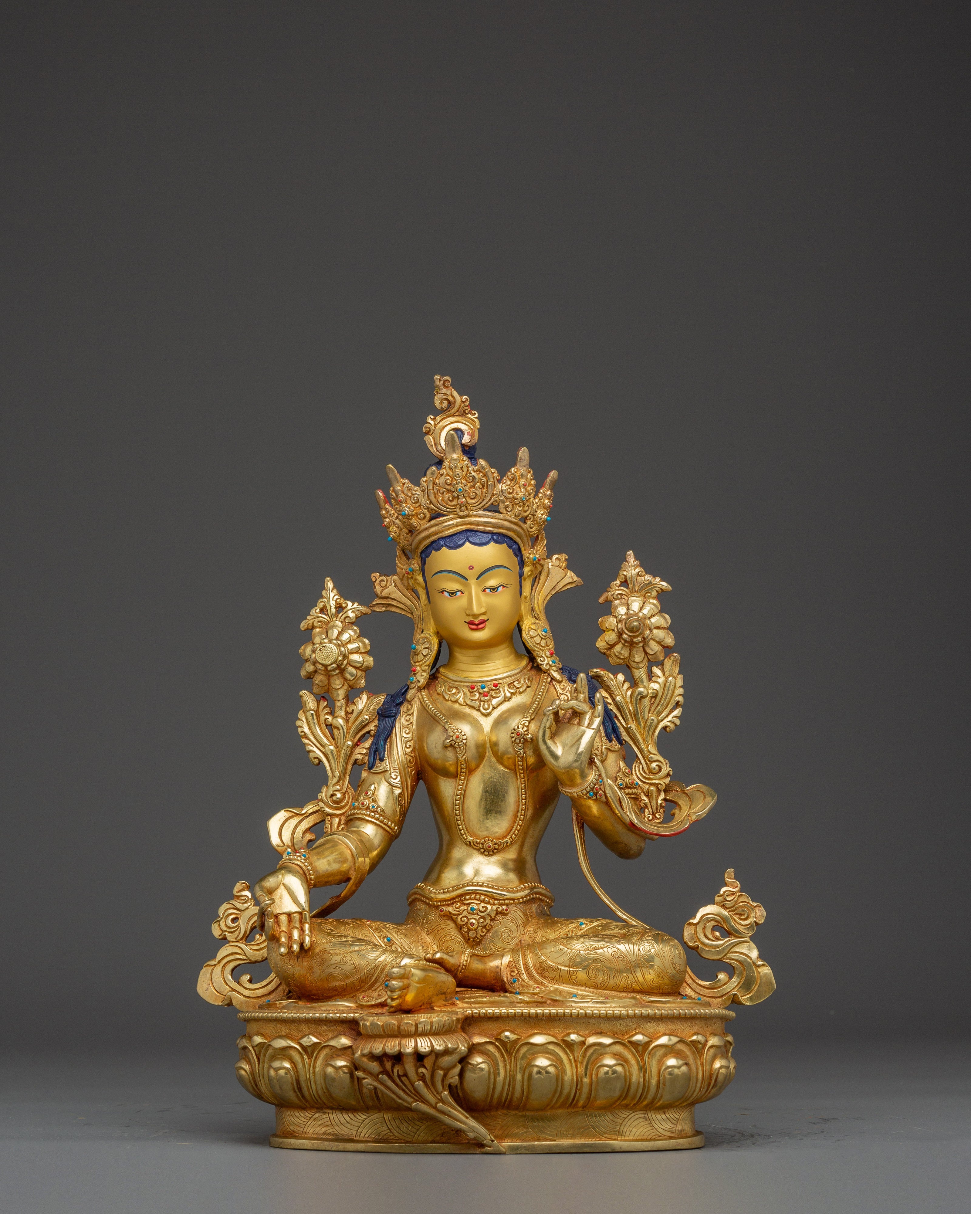 Green Tara statue with Gemstones