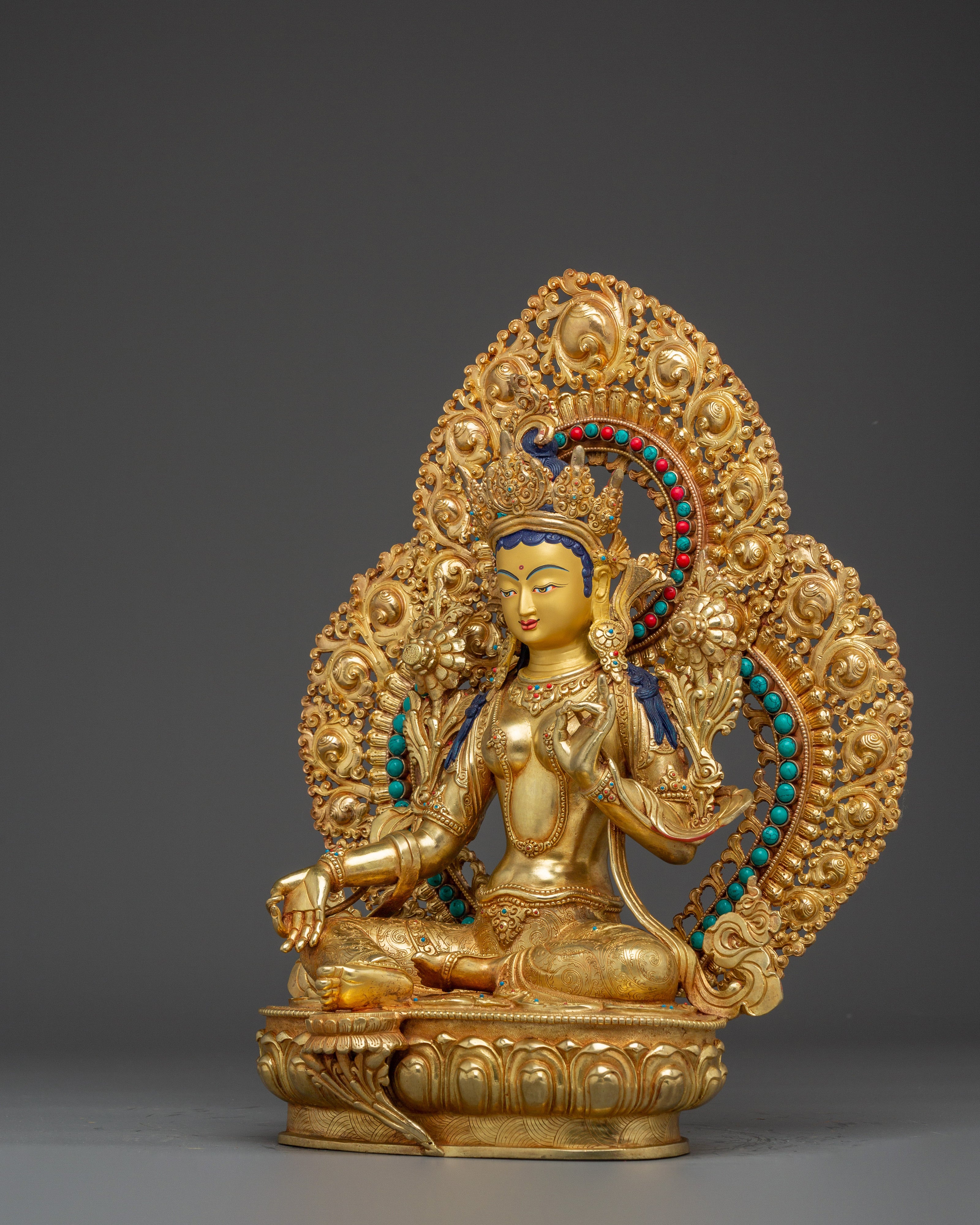 Green Tara statue with Gemstones