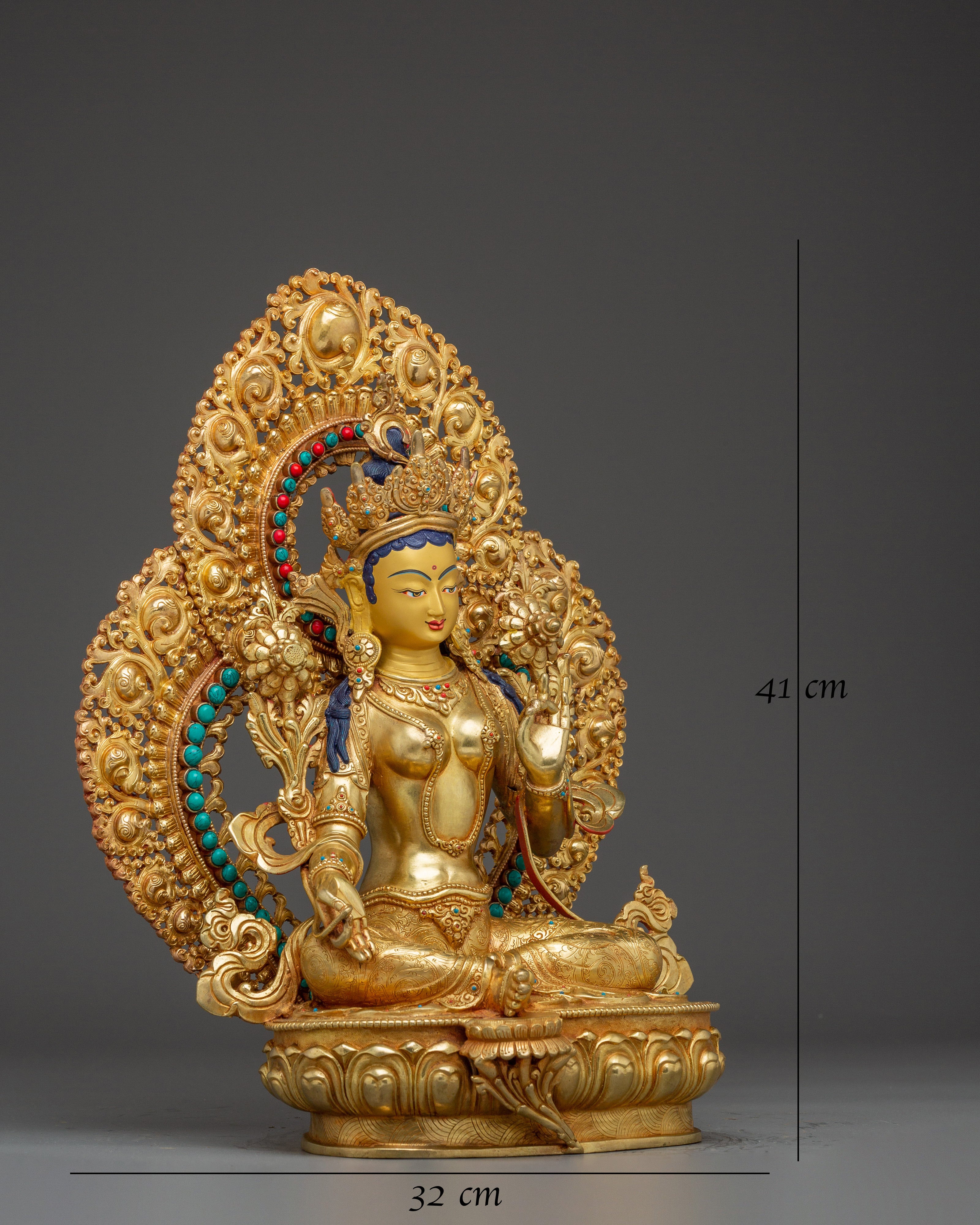 Green Tara statue with Gemstones