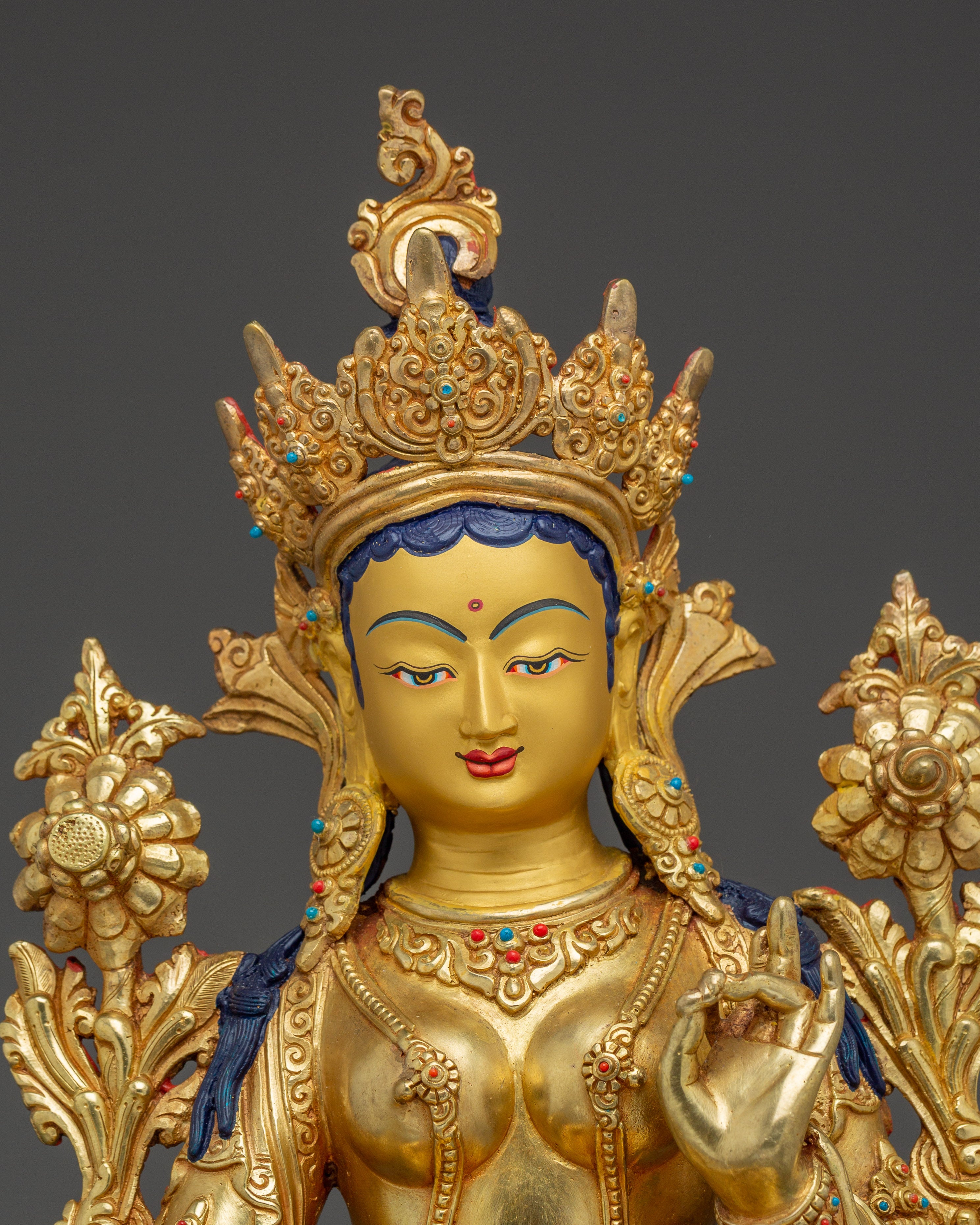 Green Tara statue with Gemstones