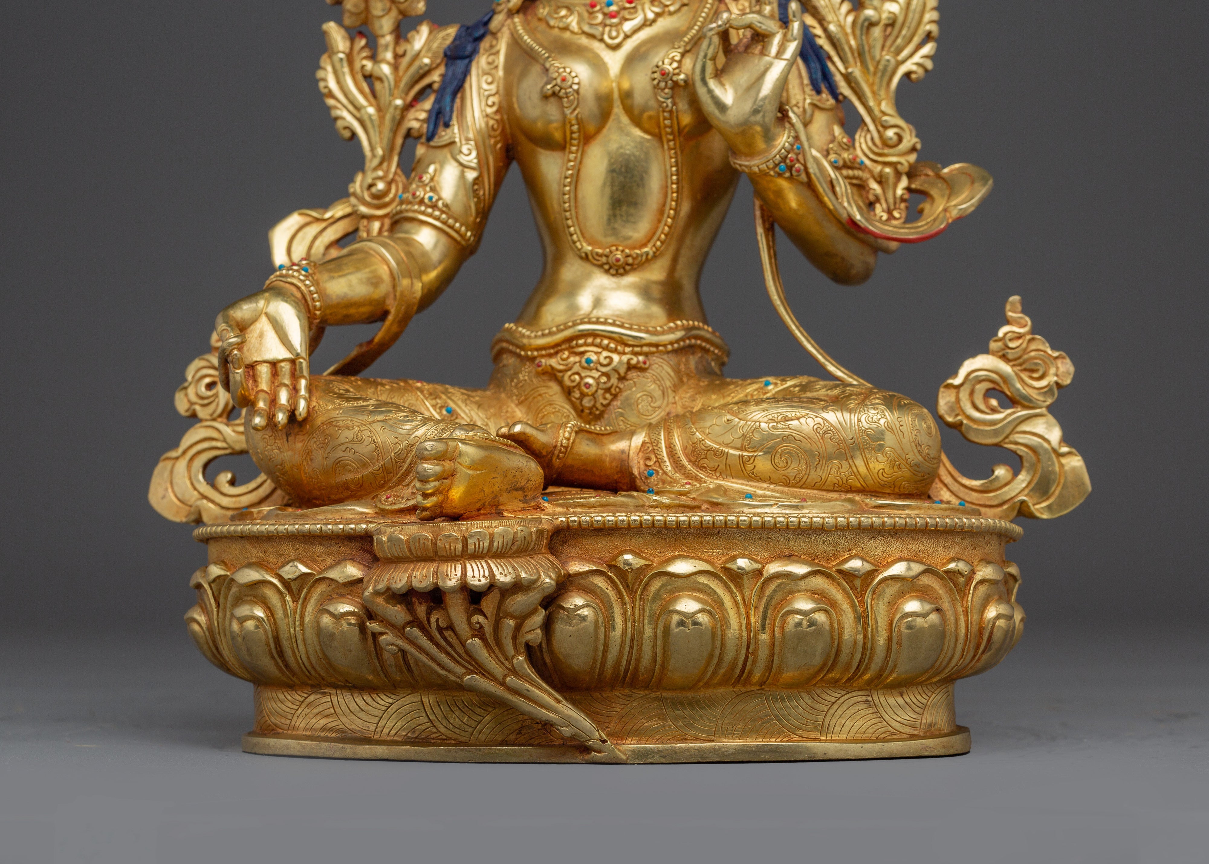 Green Tara statue with Gemstones