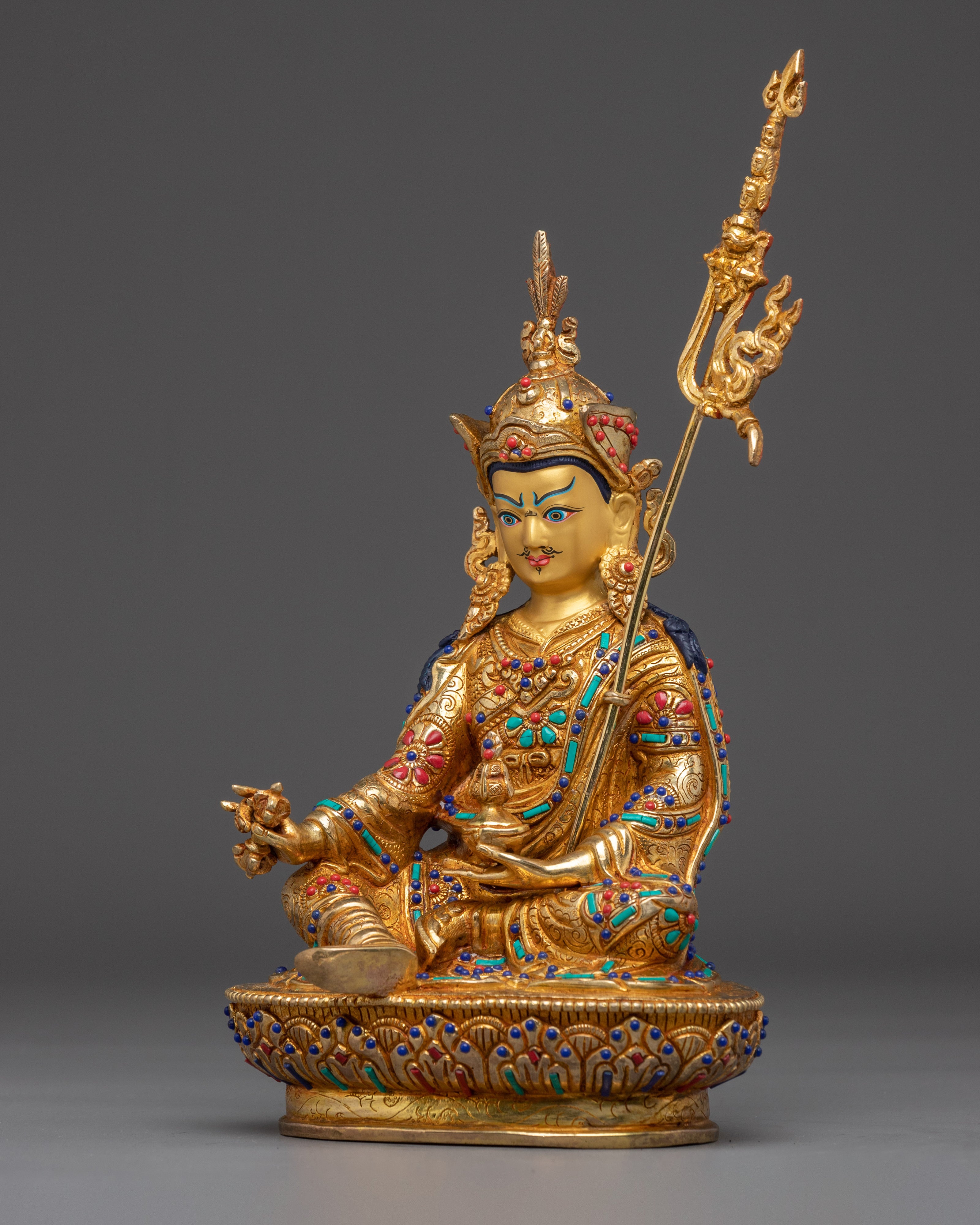 Gemstone-Inlaid Guru Rinpoche Statue | 24K Gold Gilded Padmasambhava