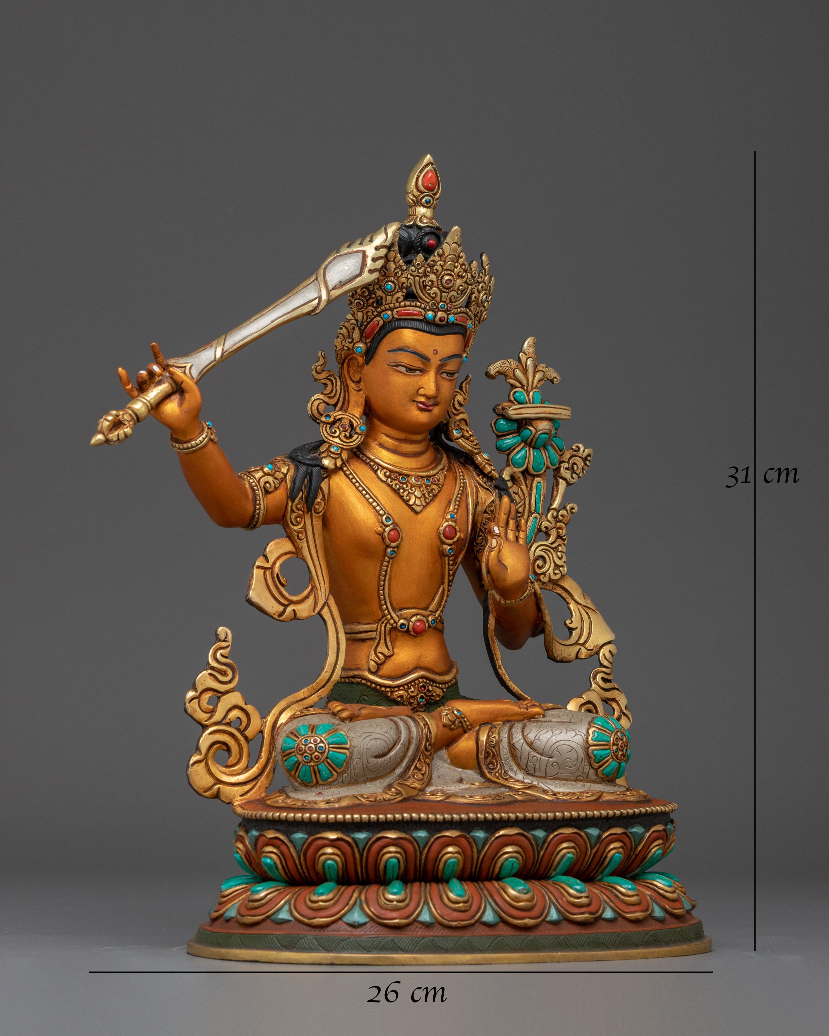 Manjushri Statue in 24K Gold Gilded Copper