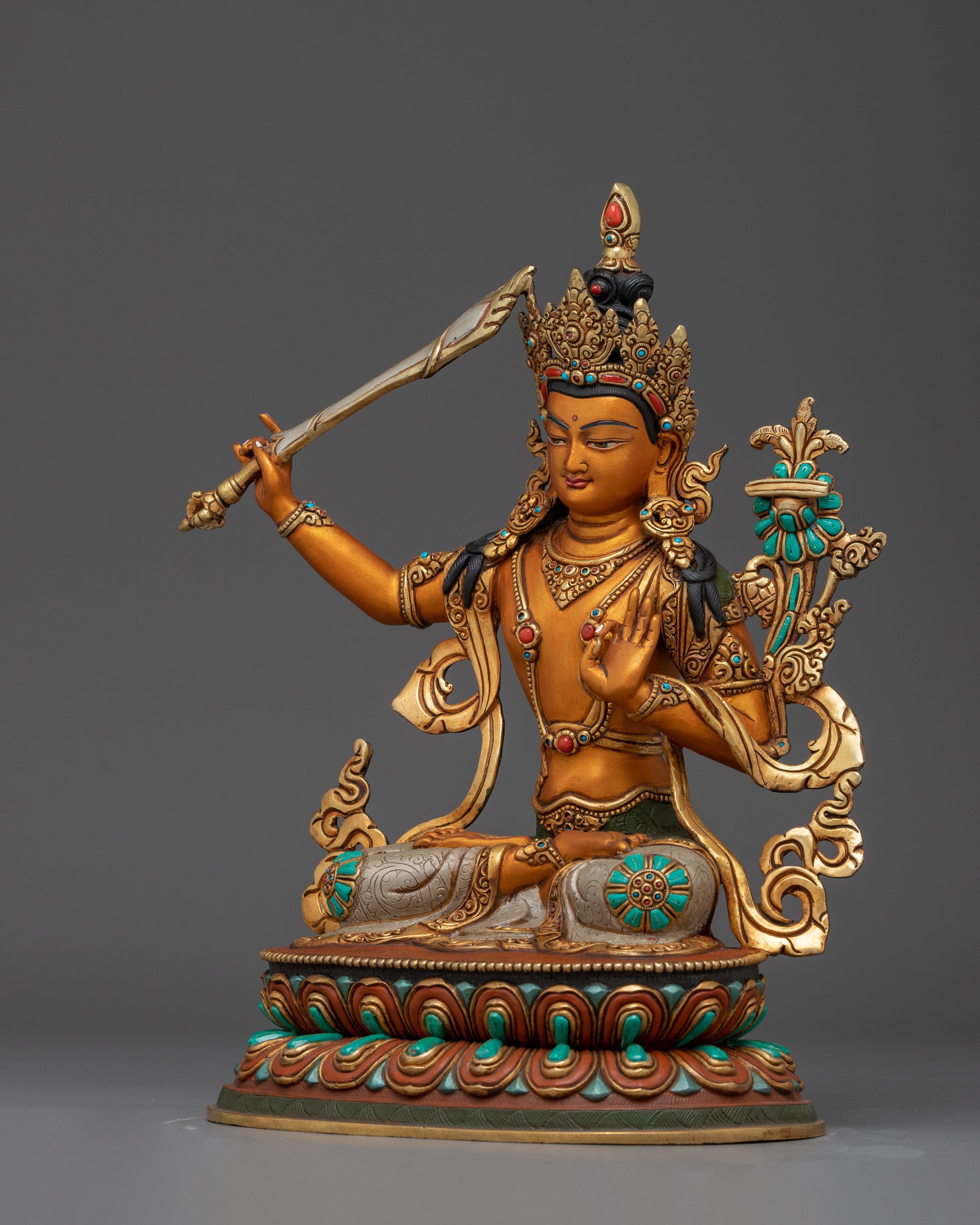 Manjushri Statue in 24K Gold Gilded Copper | Bodhisattva of Wisdom