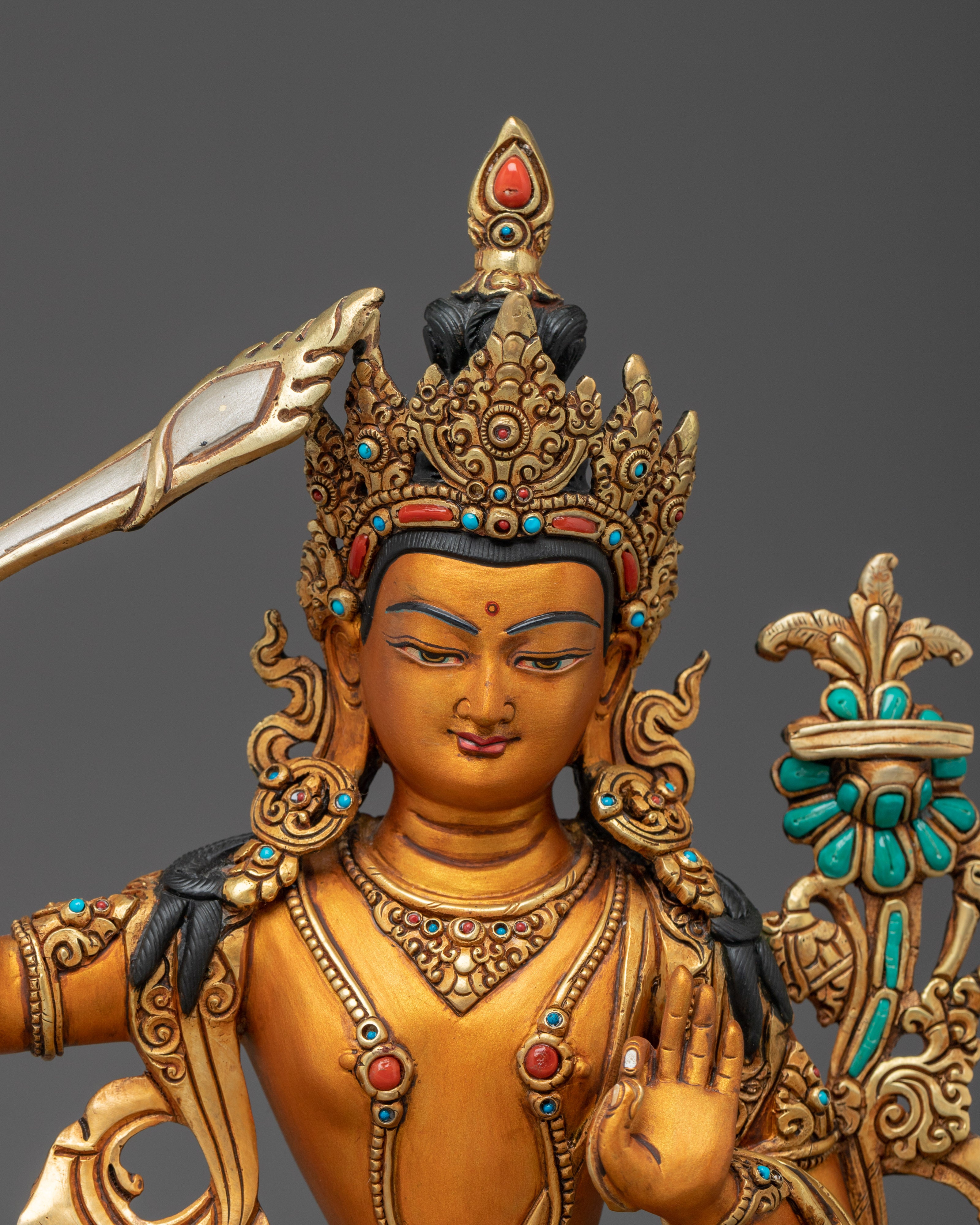 Manjushri Statue in 24K Gold Gilded Copper | Bodhisattva of Wisdom