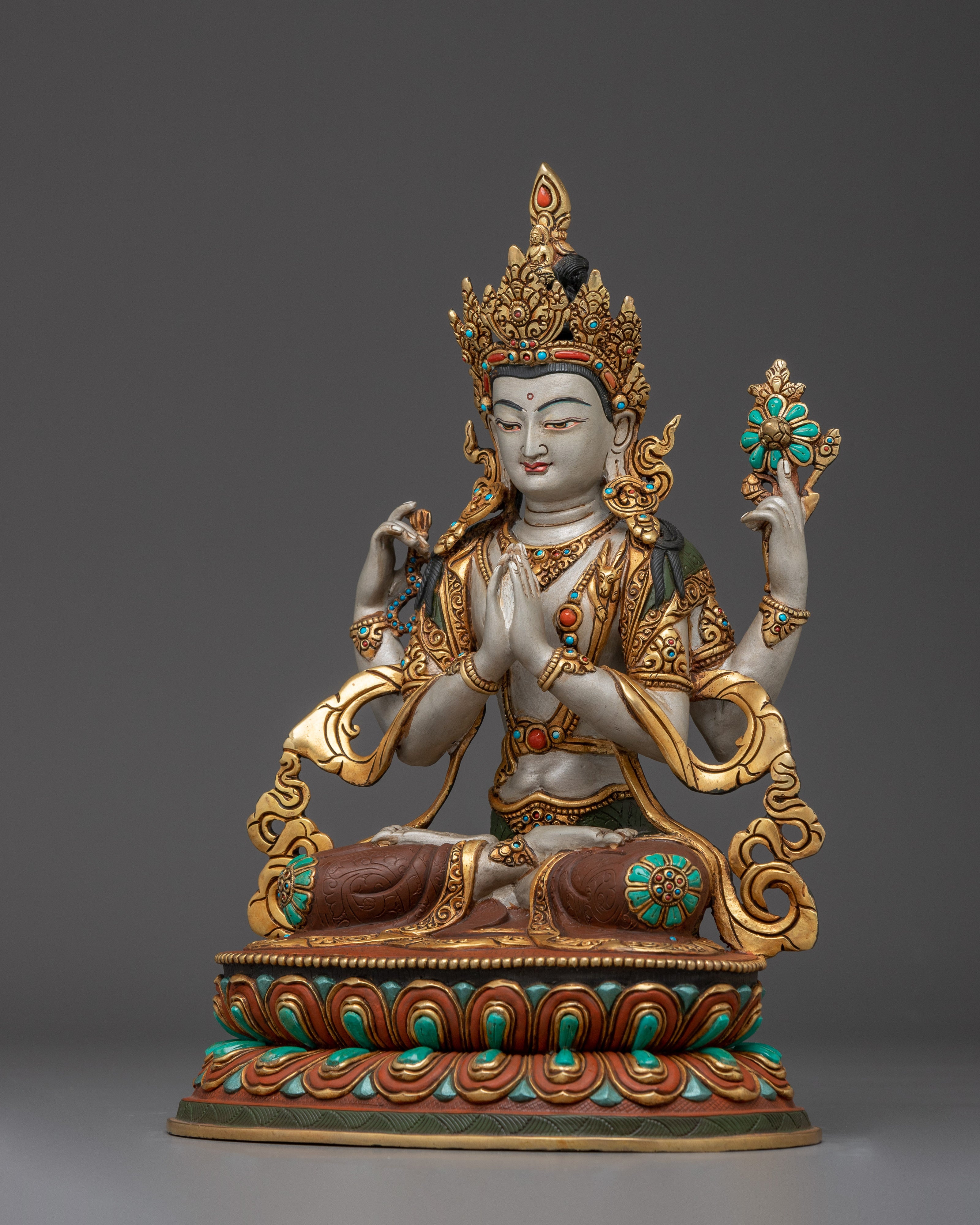 Chenrezig Statue in Gold and Copper Deity | Compassion and Loving Kindness