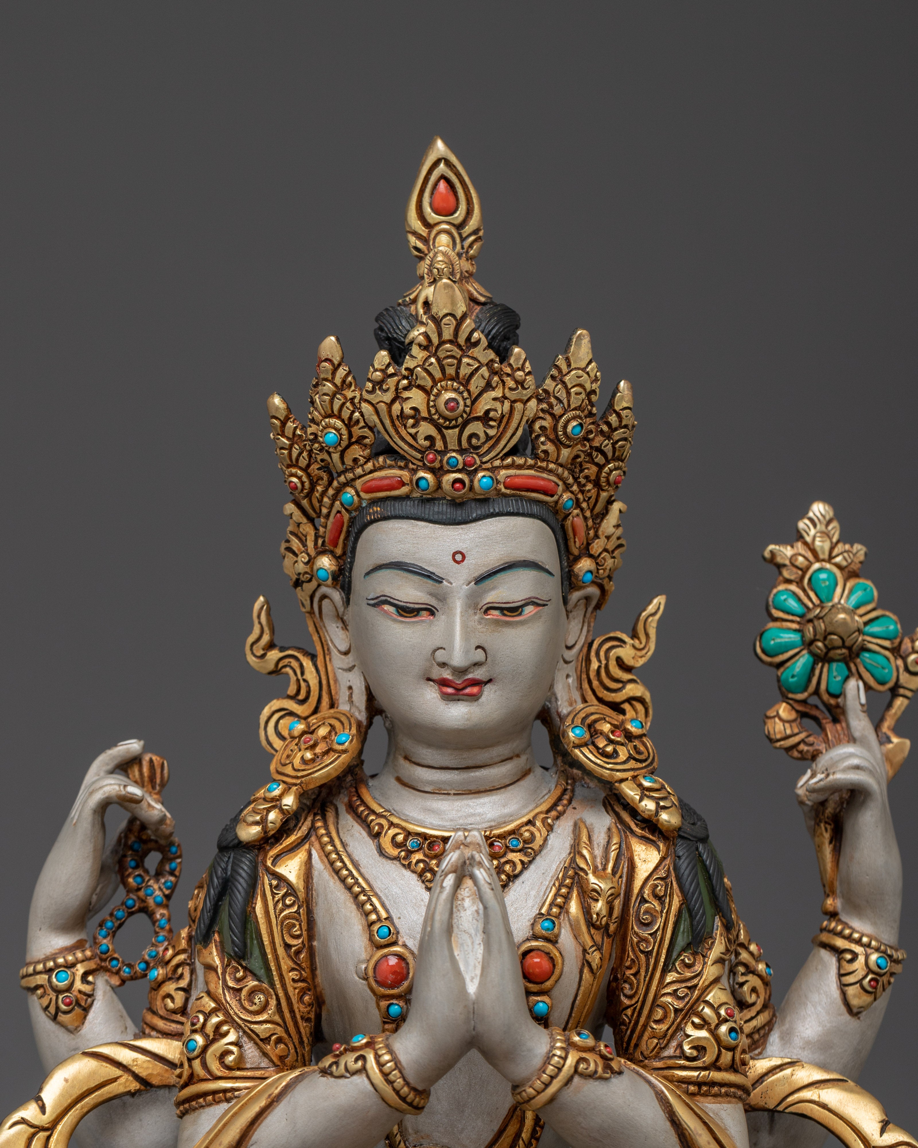 Chenrezig Statue in Gold and Copper Deity | Compassion and Loving Kindness