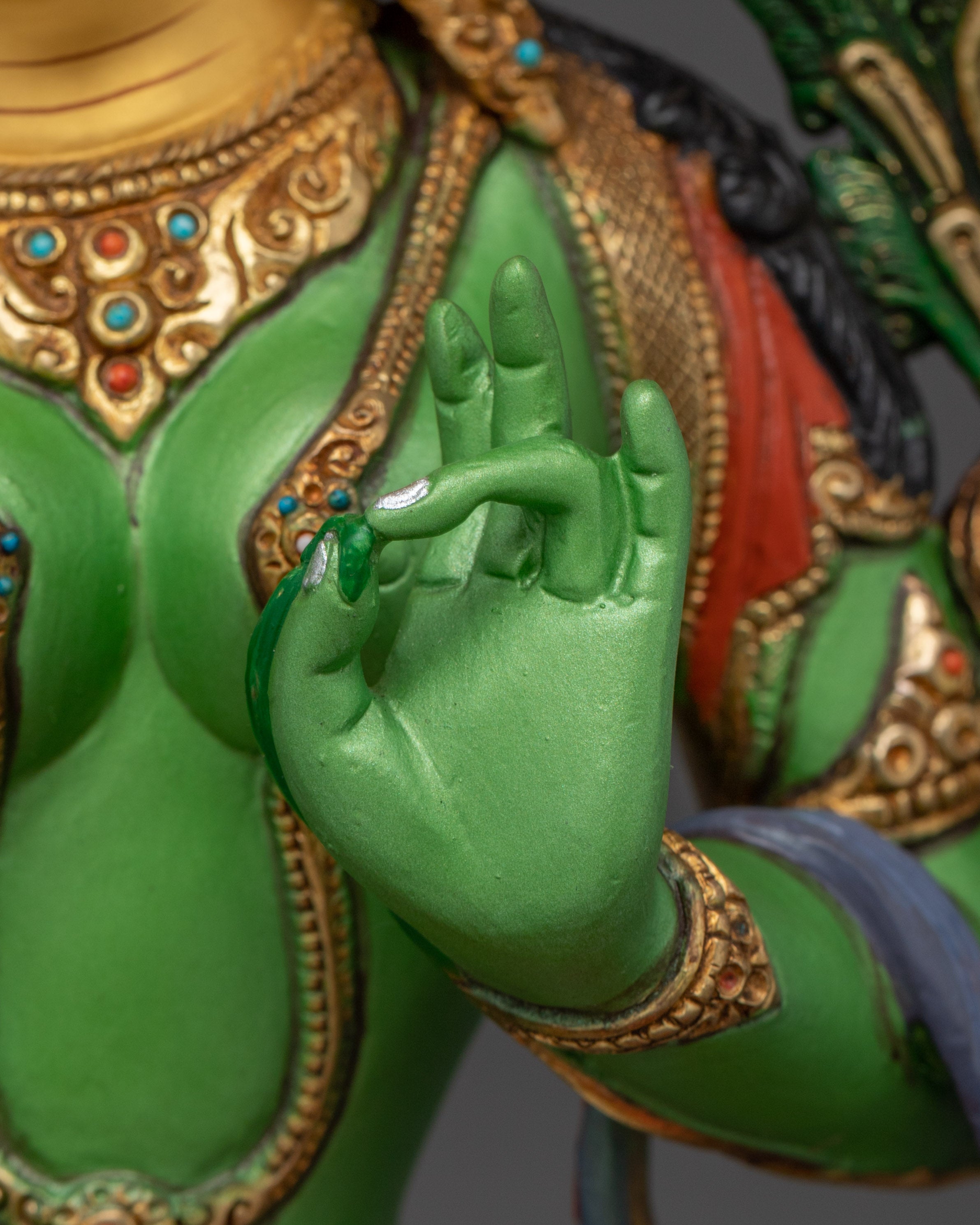 Green Tara statue in 24K gold and copper | Sculpture for Compassion and Swift Protection