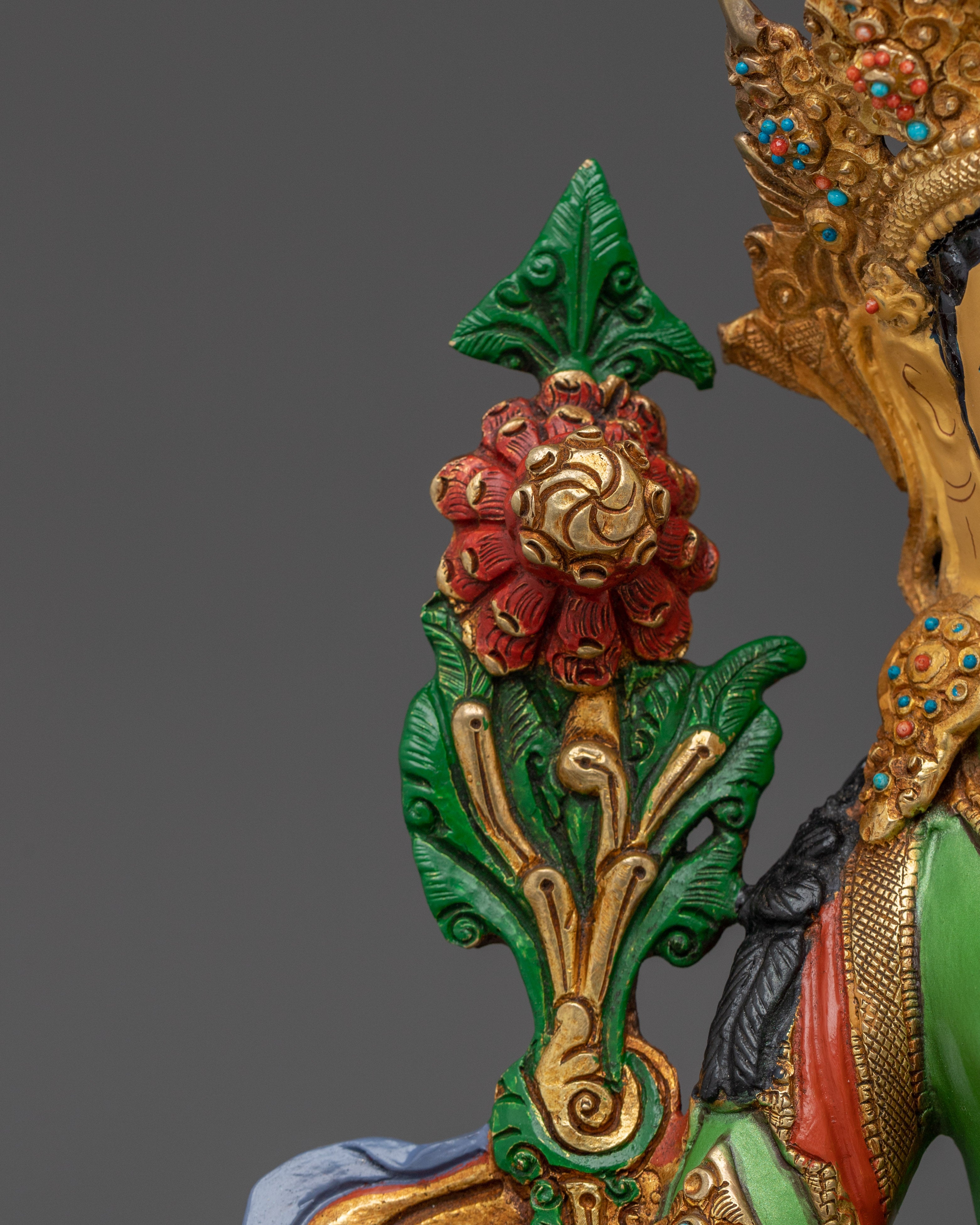 Green Tara statue in 24K gold and copper | Sculpture for Compassion and Swift Protection