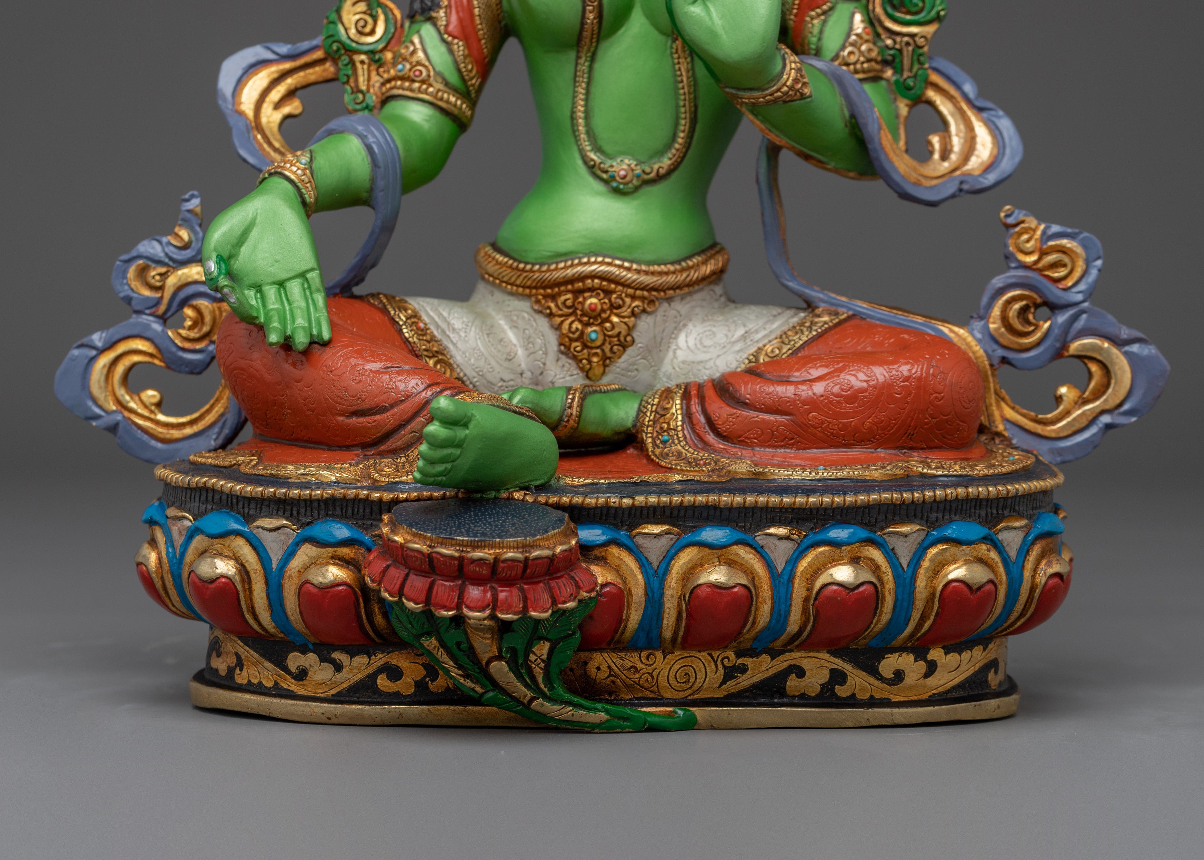 Green Tara statue in 24K gold and copper | Sculpture for Compassion and Swift Protection