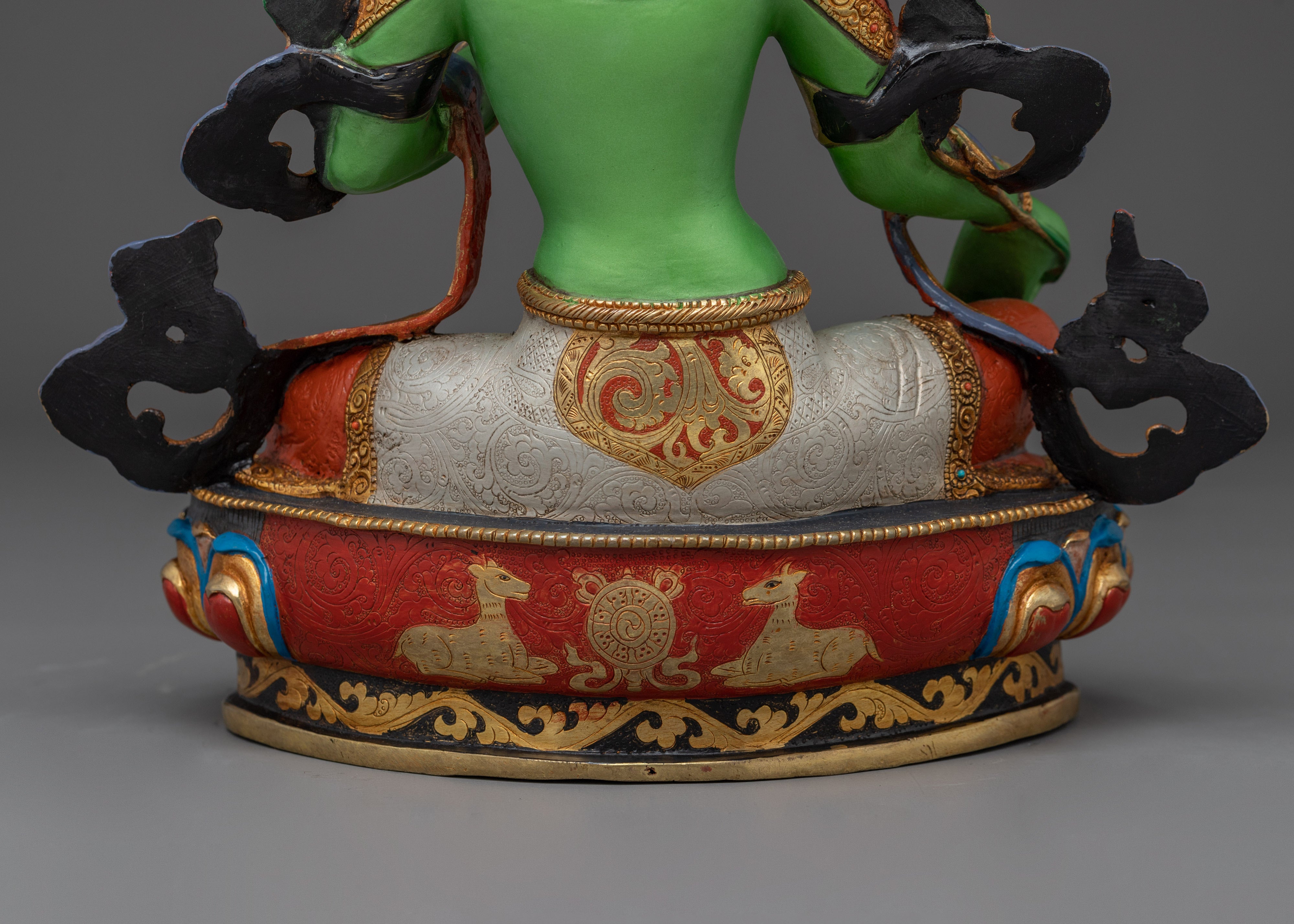 Green Tara statue in 24K gold and copper | Sculpture for Compassion and Swift Protection