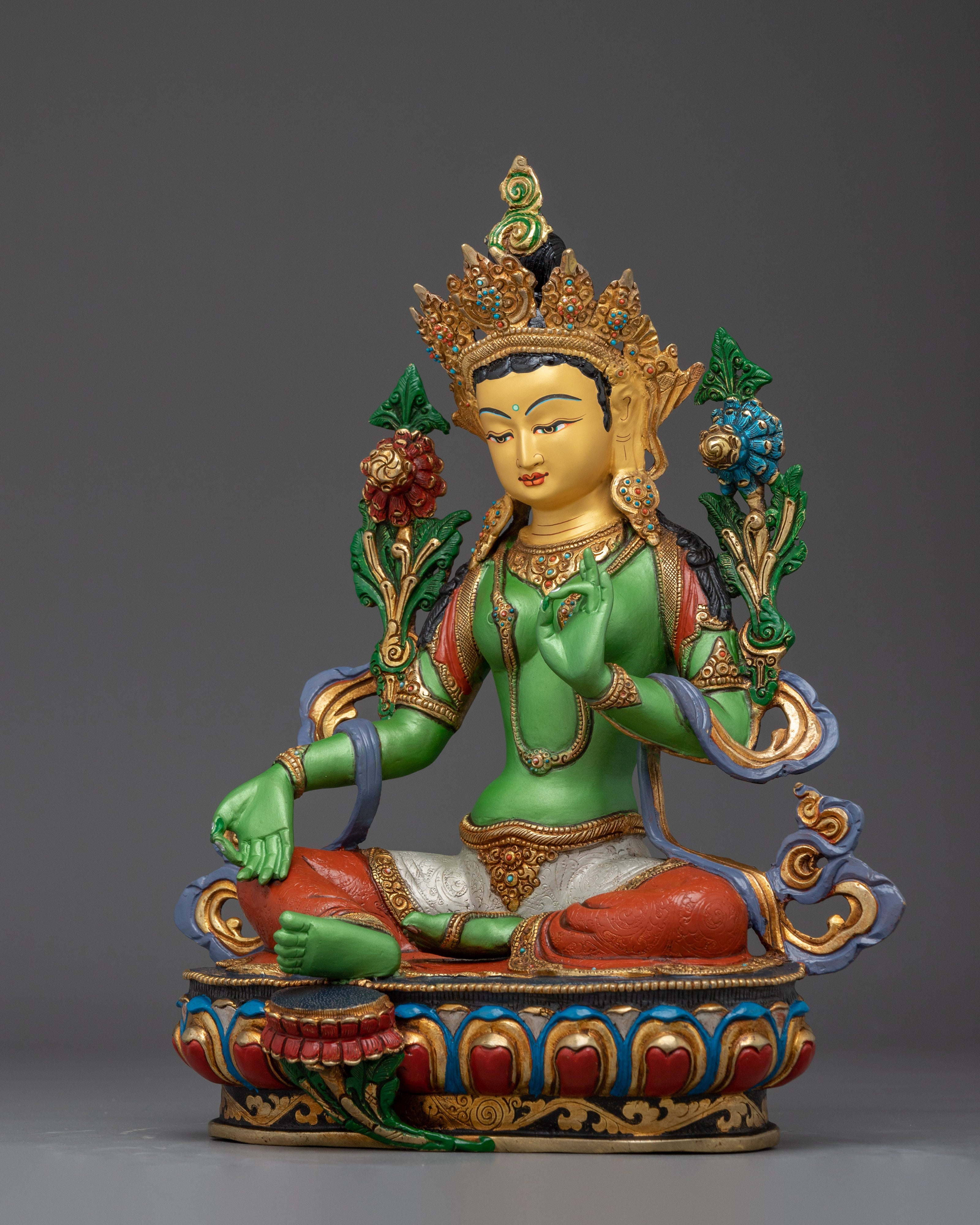 Green Tara statue in 24K gold and copper | Sculpture for Compassion and Swift Protection
