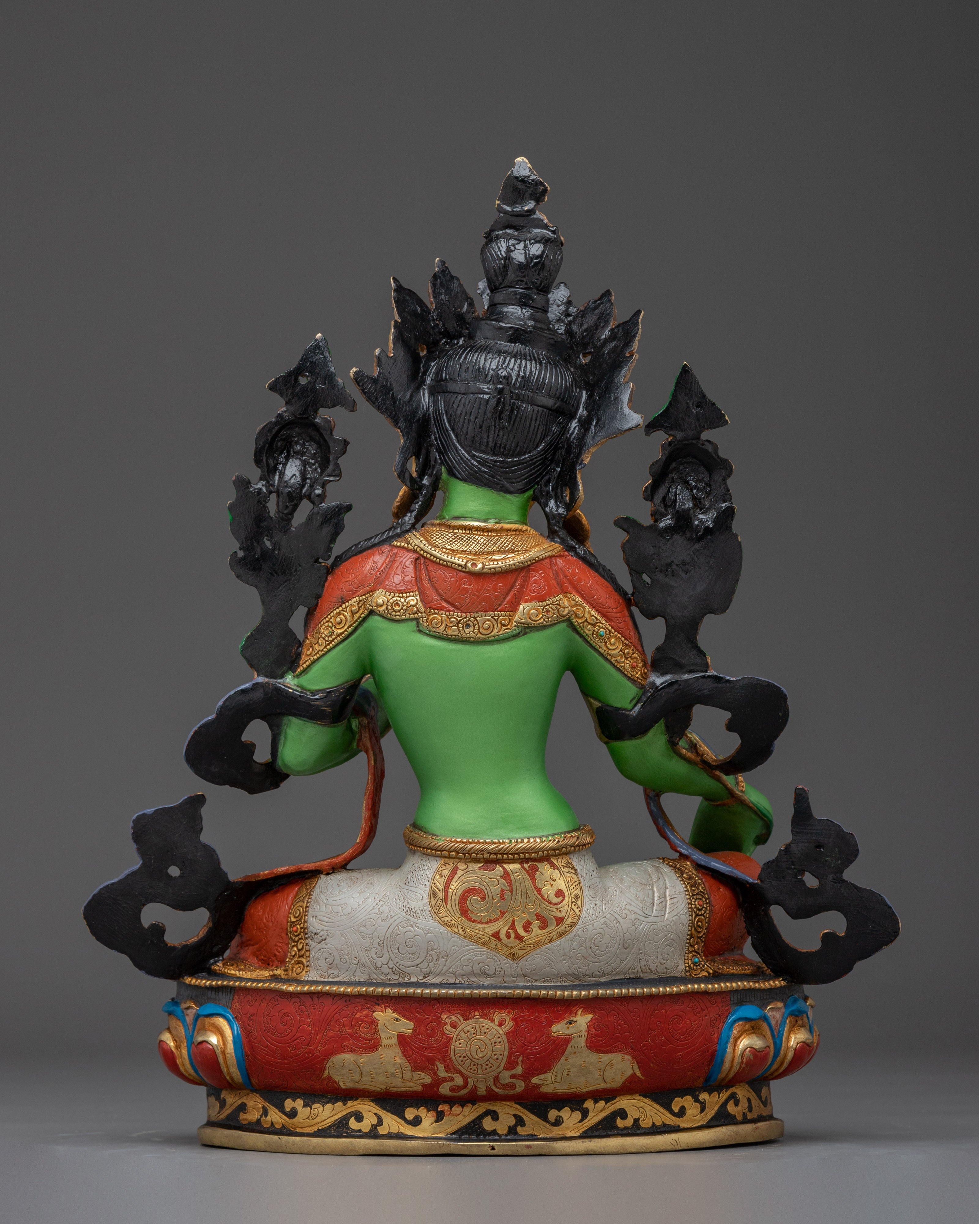 Green Tara statue in 24K gold and copper | Sculpture for Compassion and Swift Protection