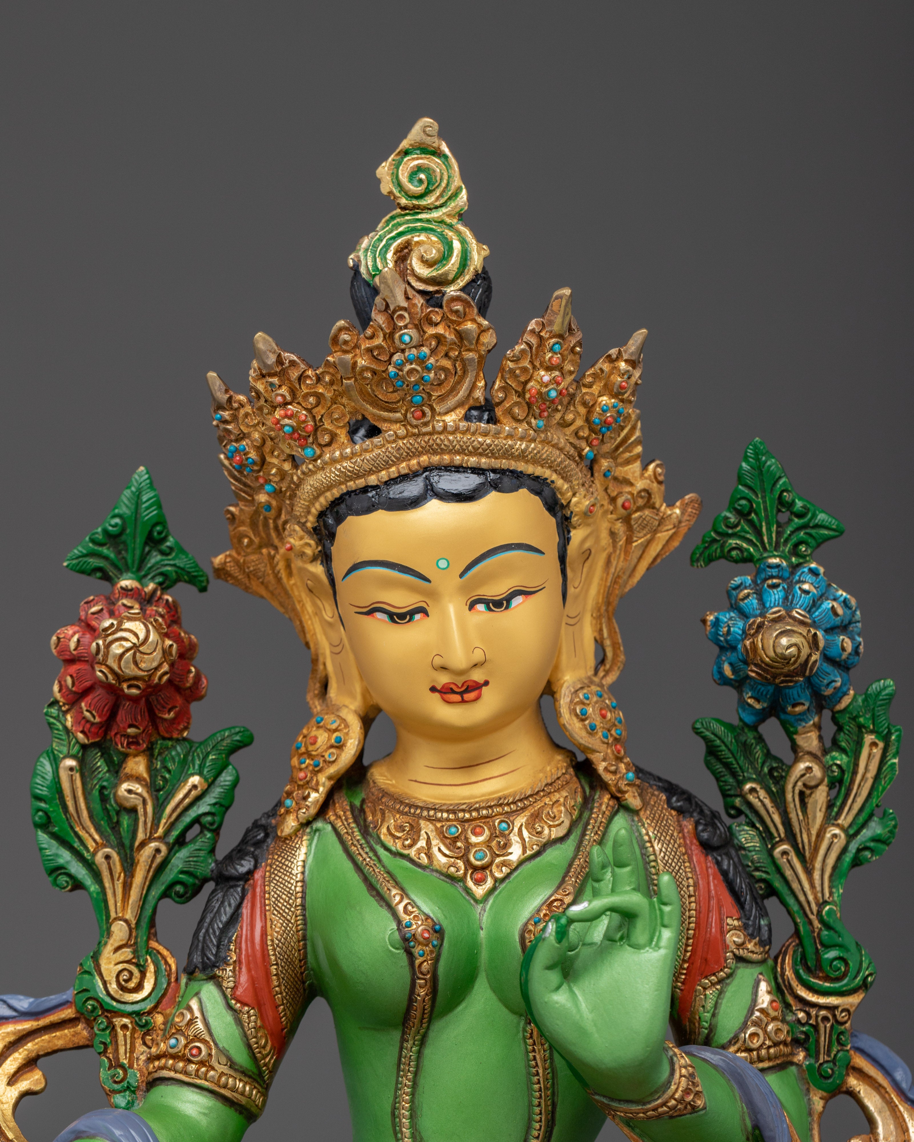 Green Tara statue in 24K gold and copper | Sculpture for Compassion and Swift Protection