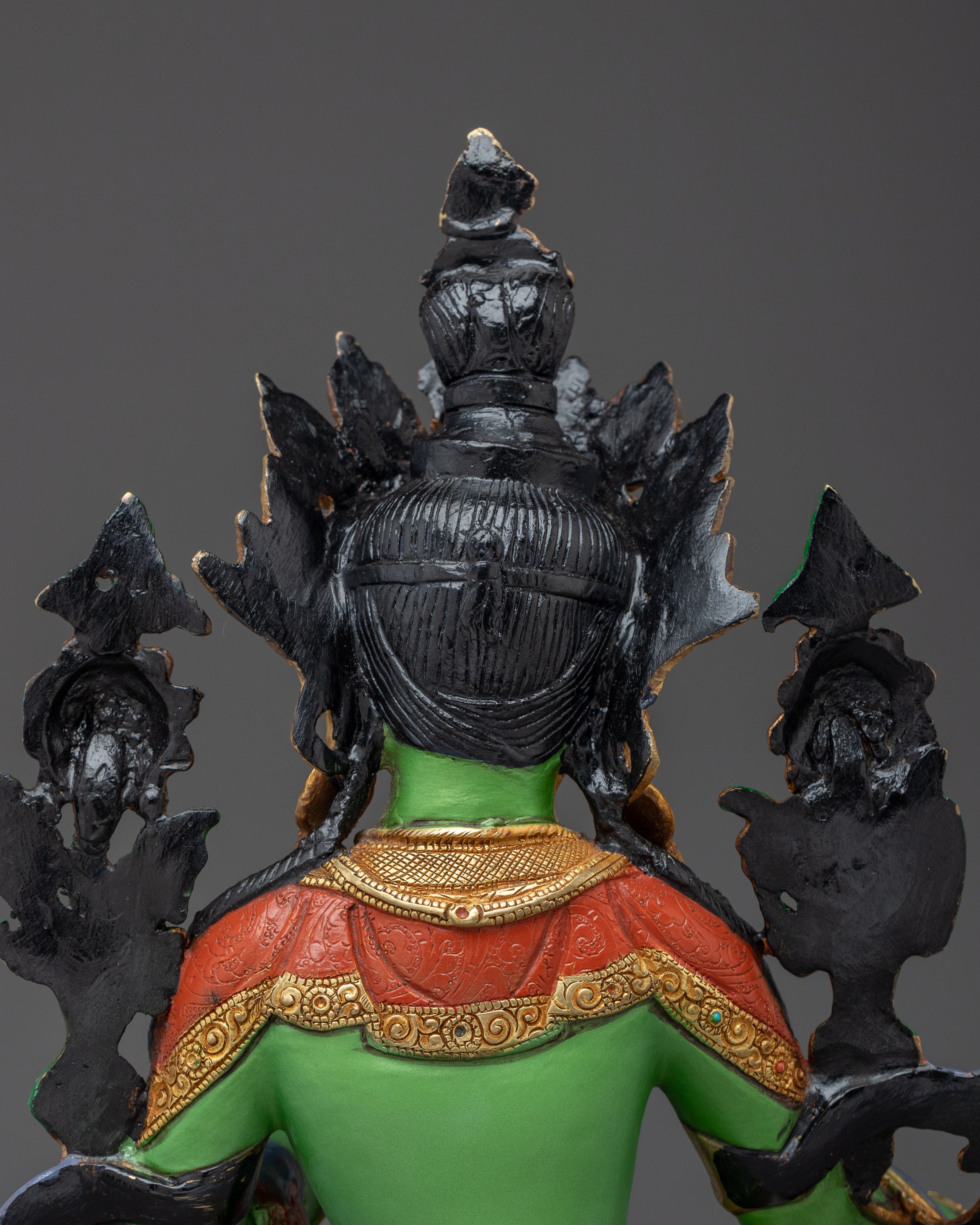 Green Tara statue in 24K gold and copper | Sculpture for Compassion and Swift Protection