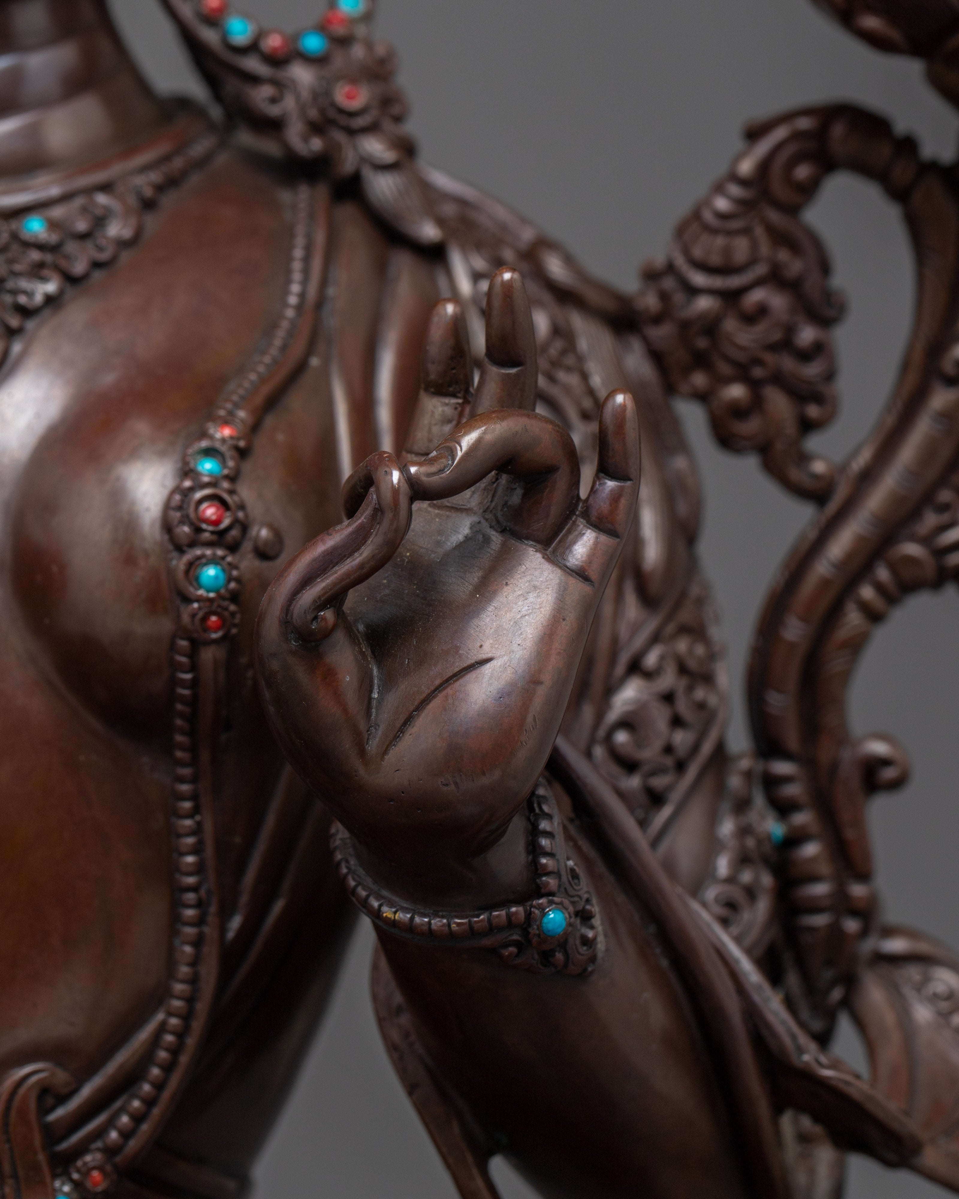 Green Tara Copper Statue with Gemstones | Meditation, Spirituality, and Shrine Decor