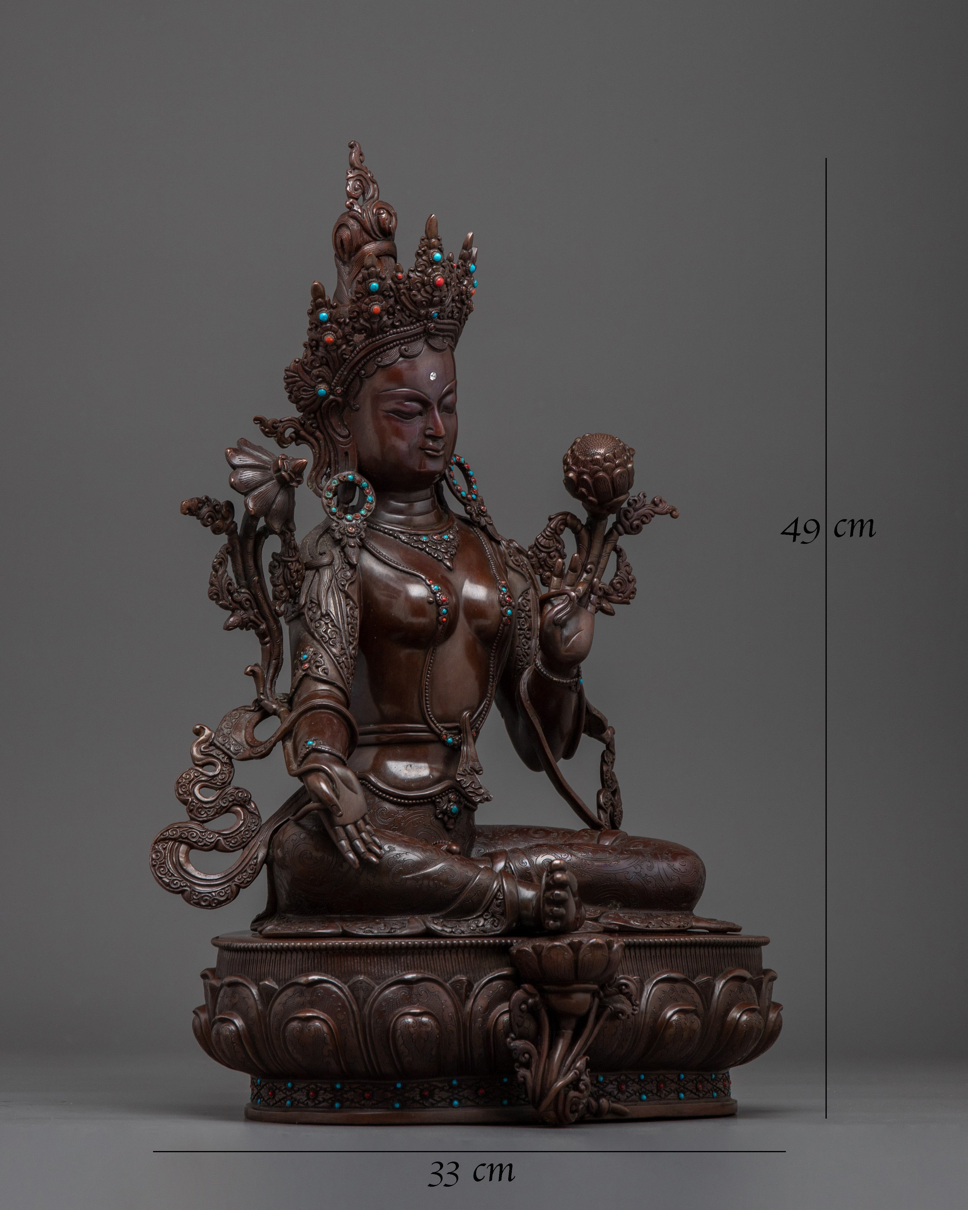 Green Tara Copper Statue with Gemstones