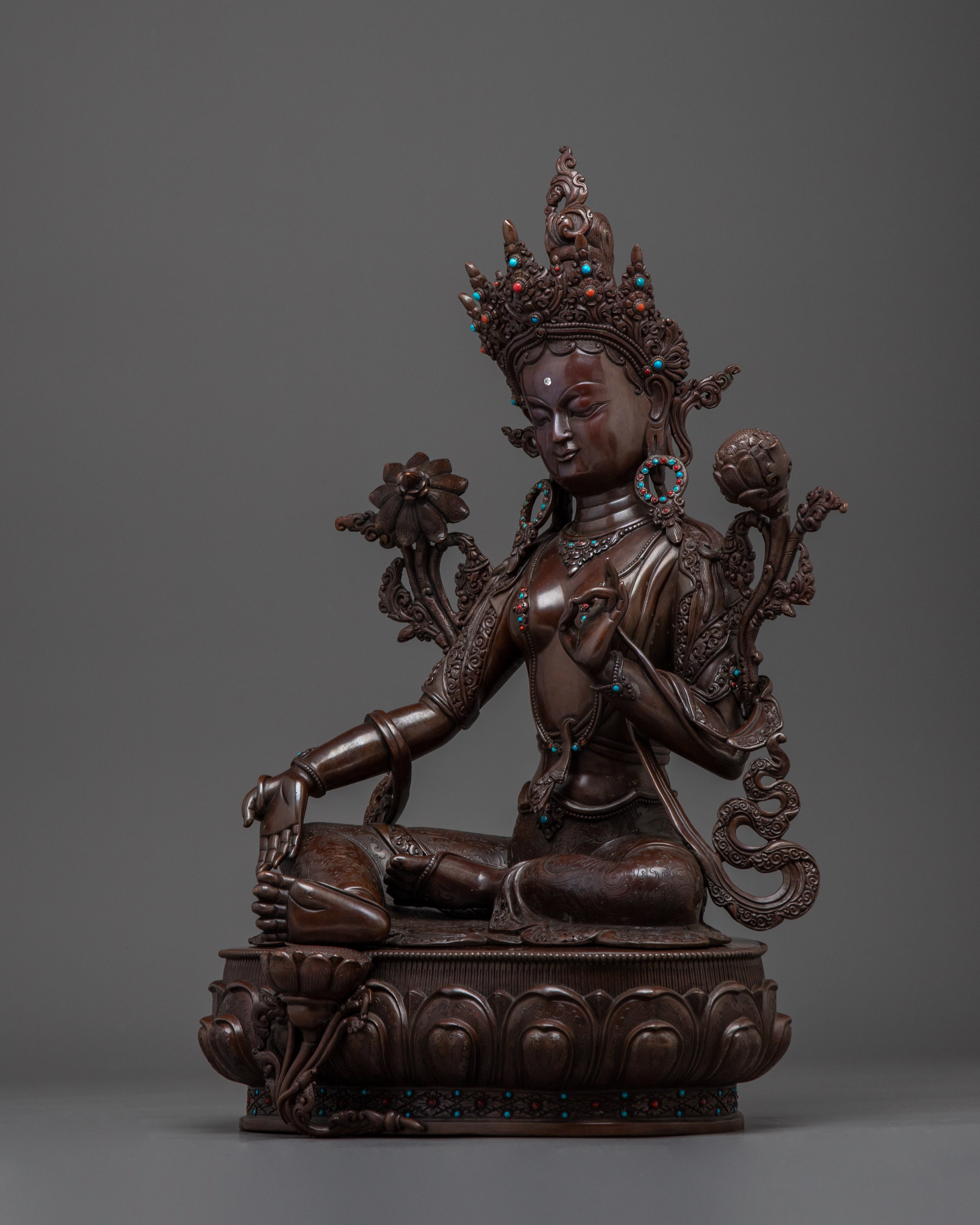 Green Tara Copper Statue with Gemstones | Meditation, Spirituality, and Shrine Decor