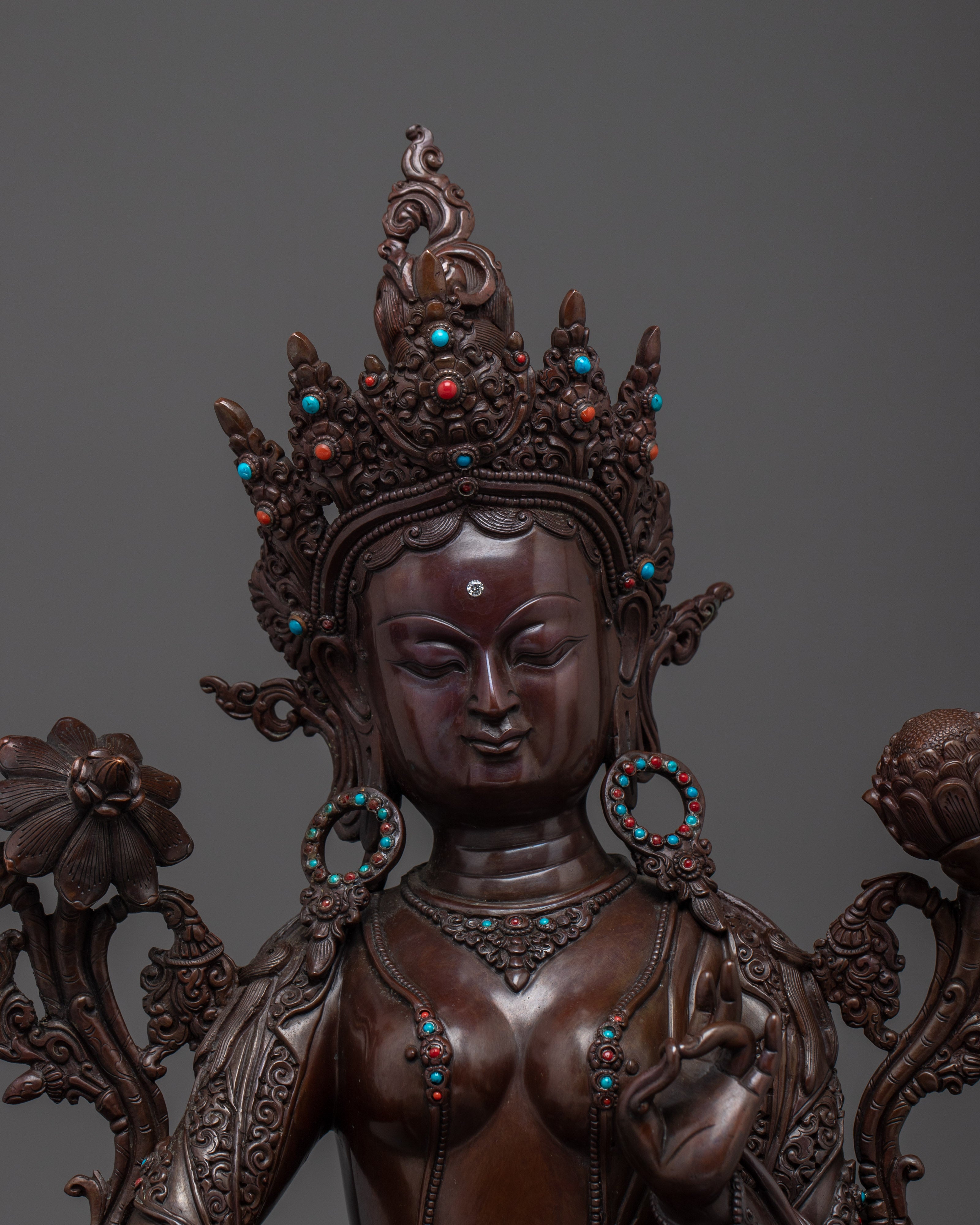 Green Tara Copper Statue with Gemstones | Meditation, Spirituality, and Shrine Decor