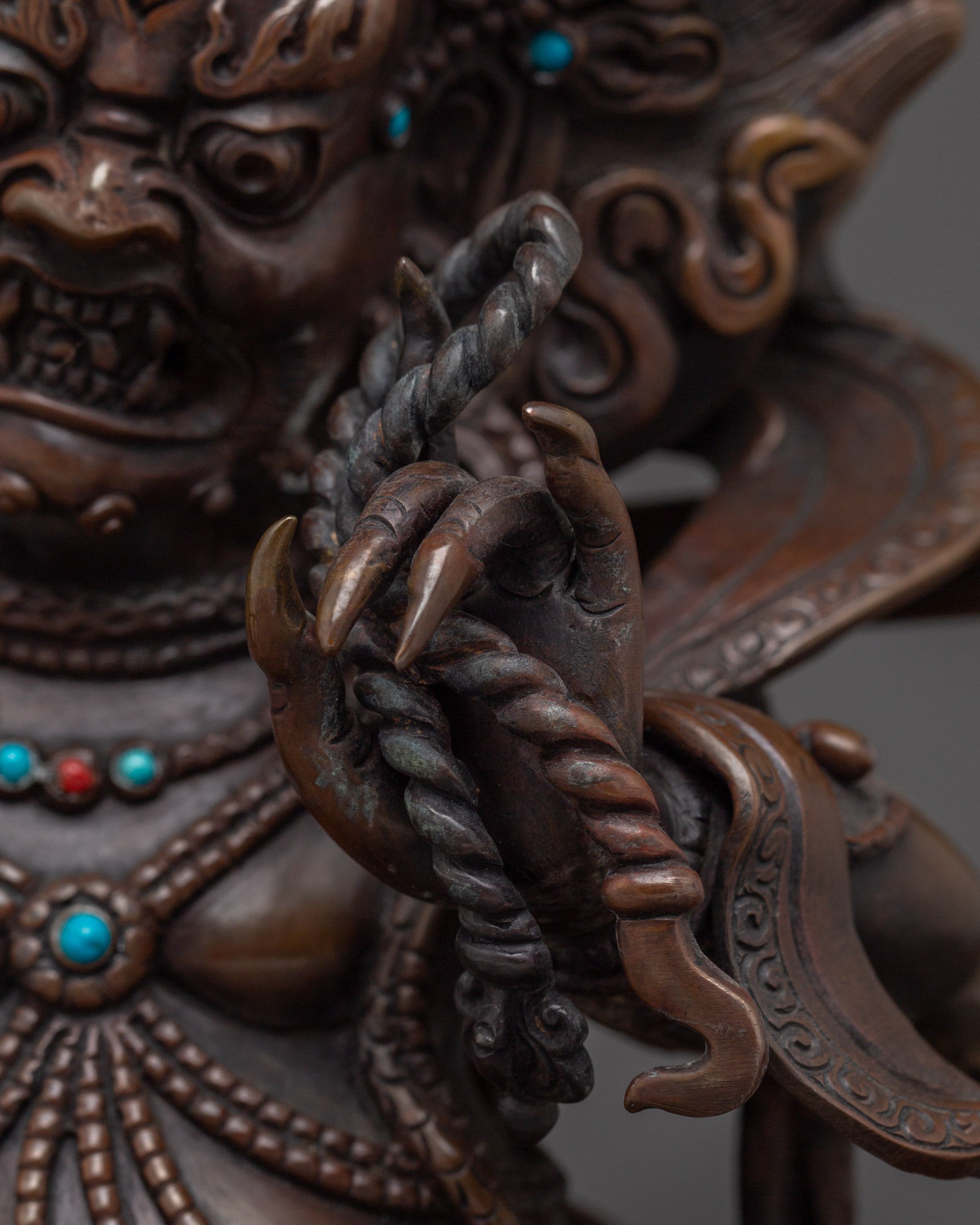 Dandapani Statue in Oxidized Copper with Gemstones | Sculpture of the Protector Deity