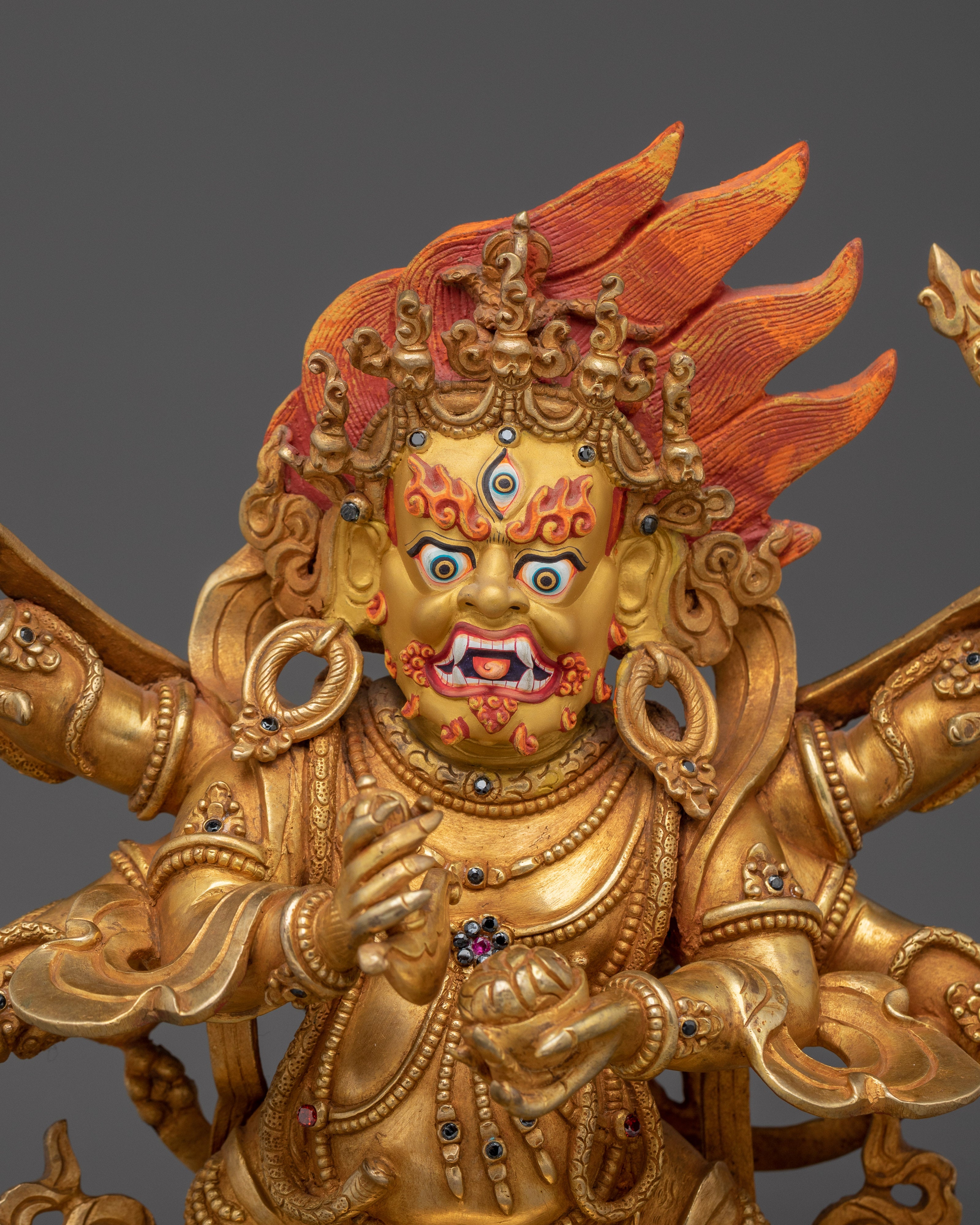 Six Armed Mahakala Statue in 24K Gold | Powerful Protector Deity