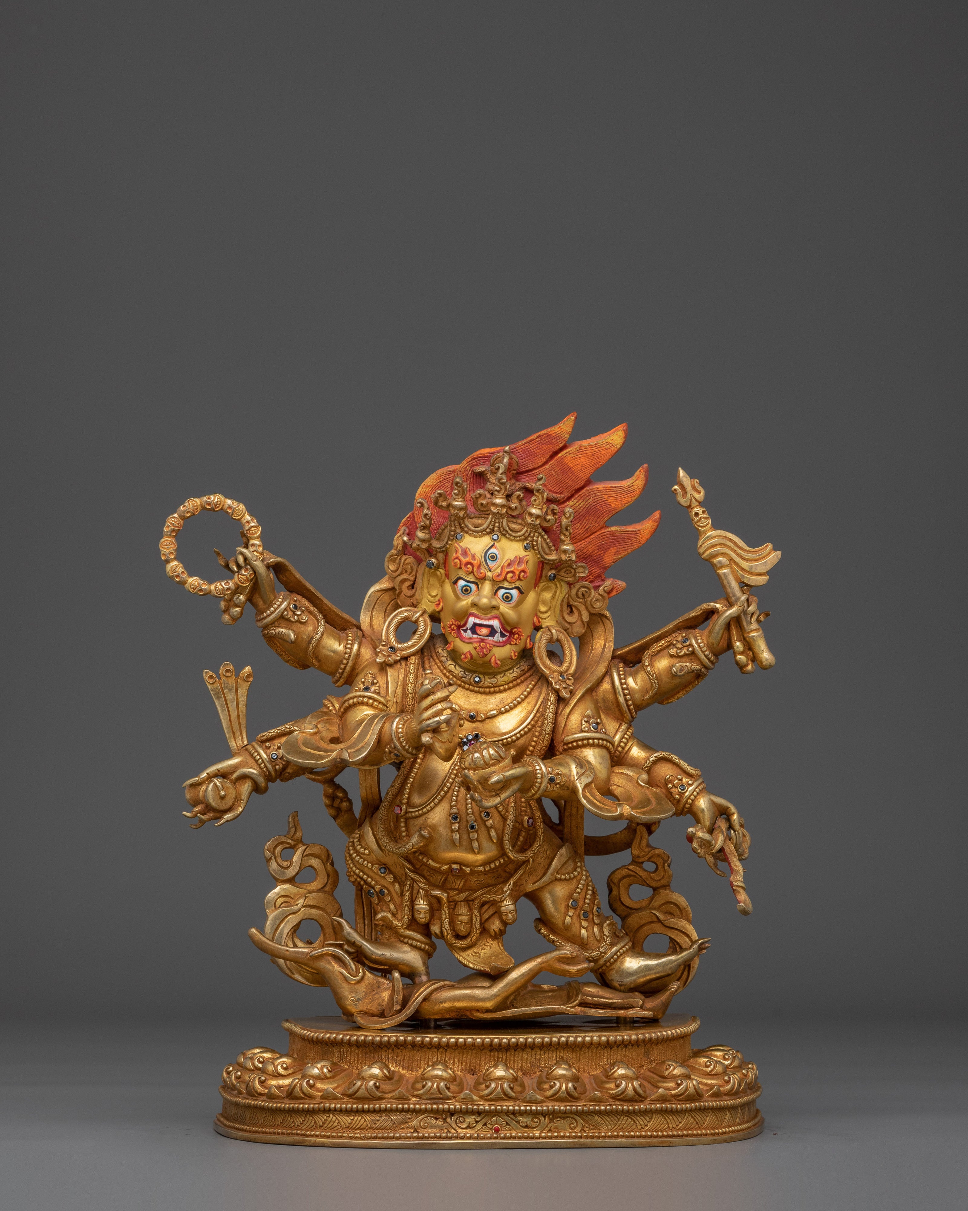 Six Armed Mahakala Statue in 24K Gold | Powerful Protector Deity