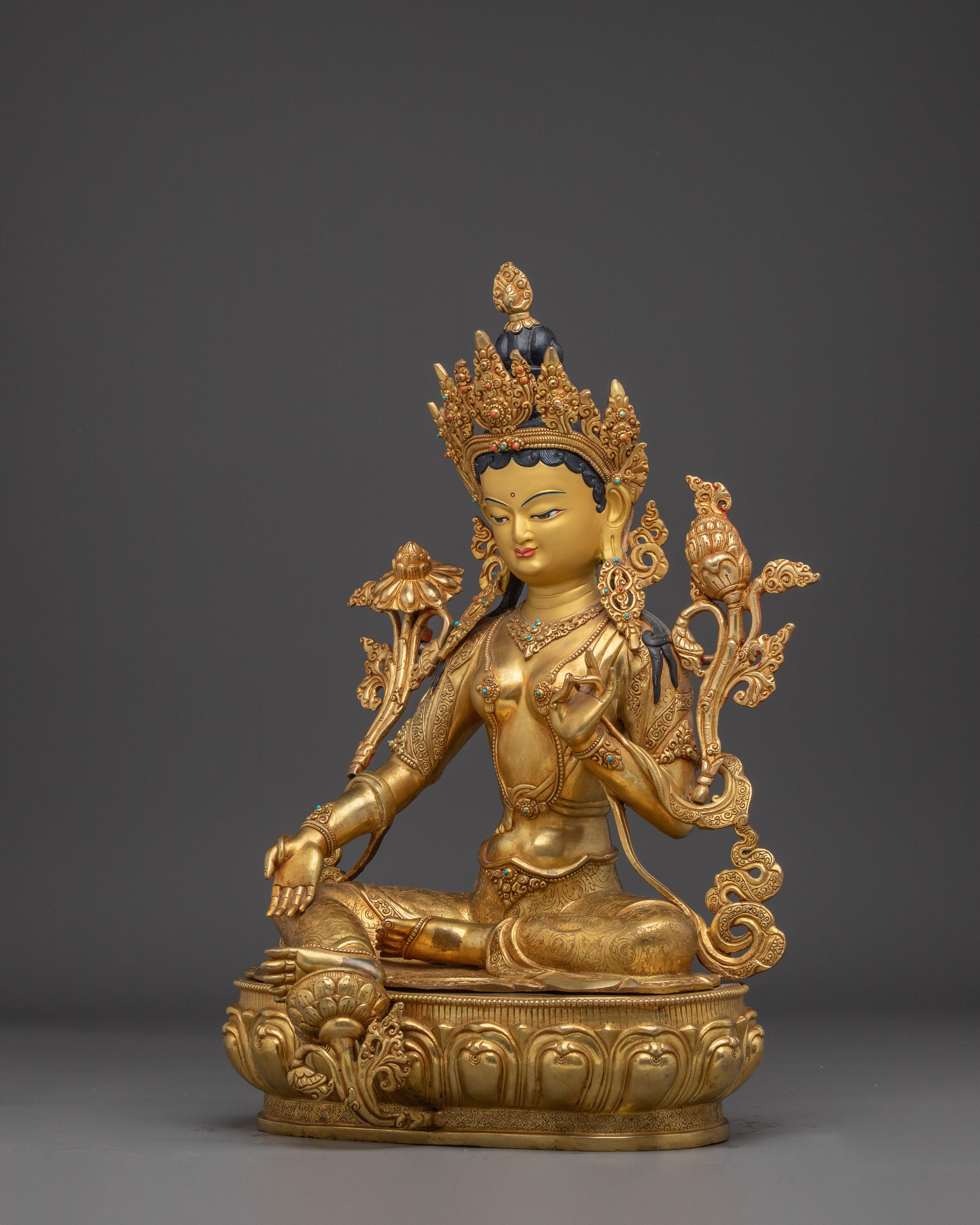 Green Tara 24K Gold Gilded Statue | Meditation and Spiritual Shrines