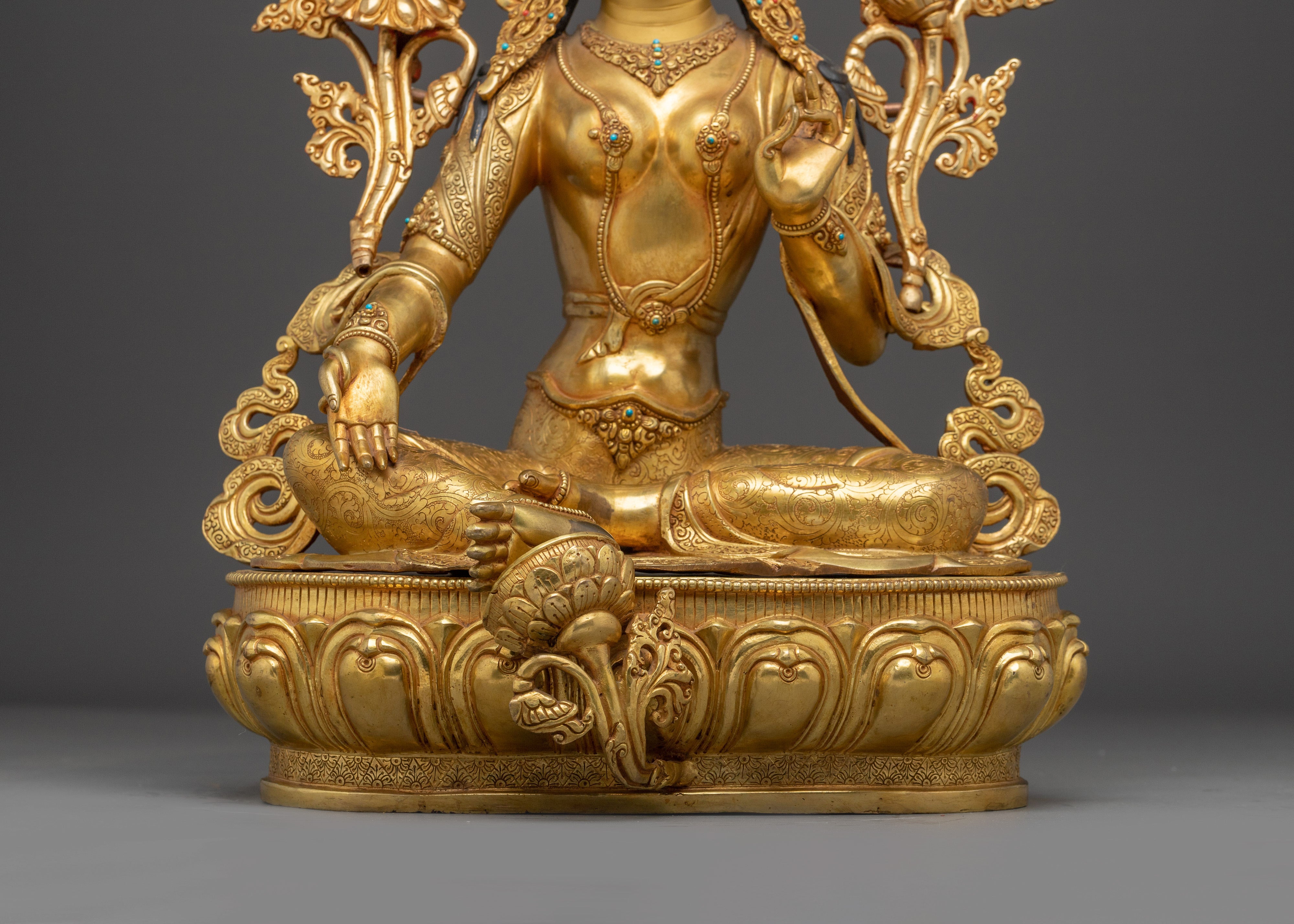 Green Tara 24K Gold Gilded Statue | Meditation and Spiritual Shrines