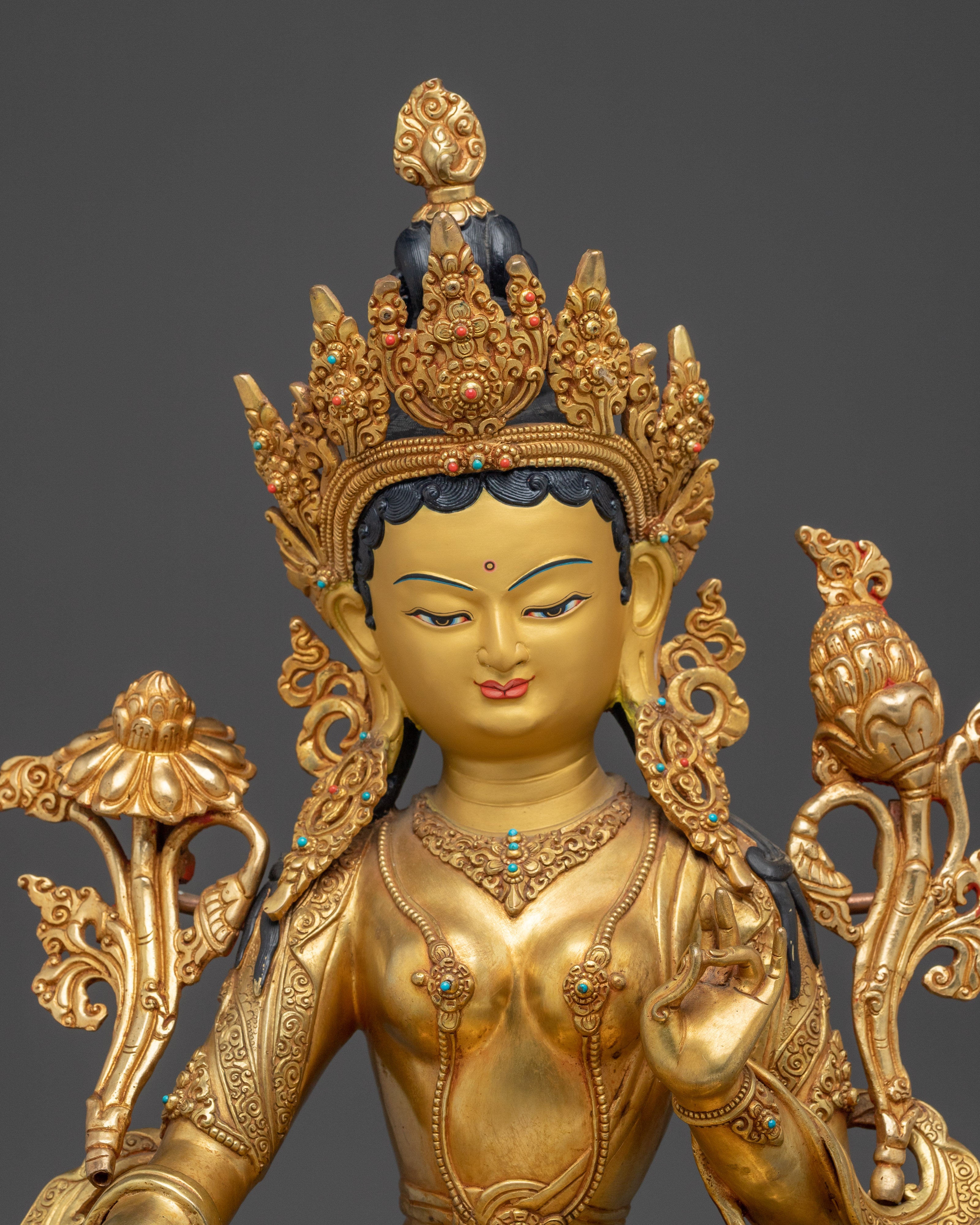 Green Tara 24K Gold Gilded Statue | Meditation and Spiritual Shrines