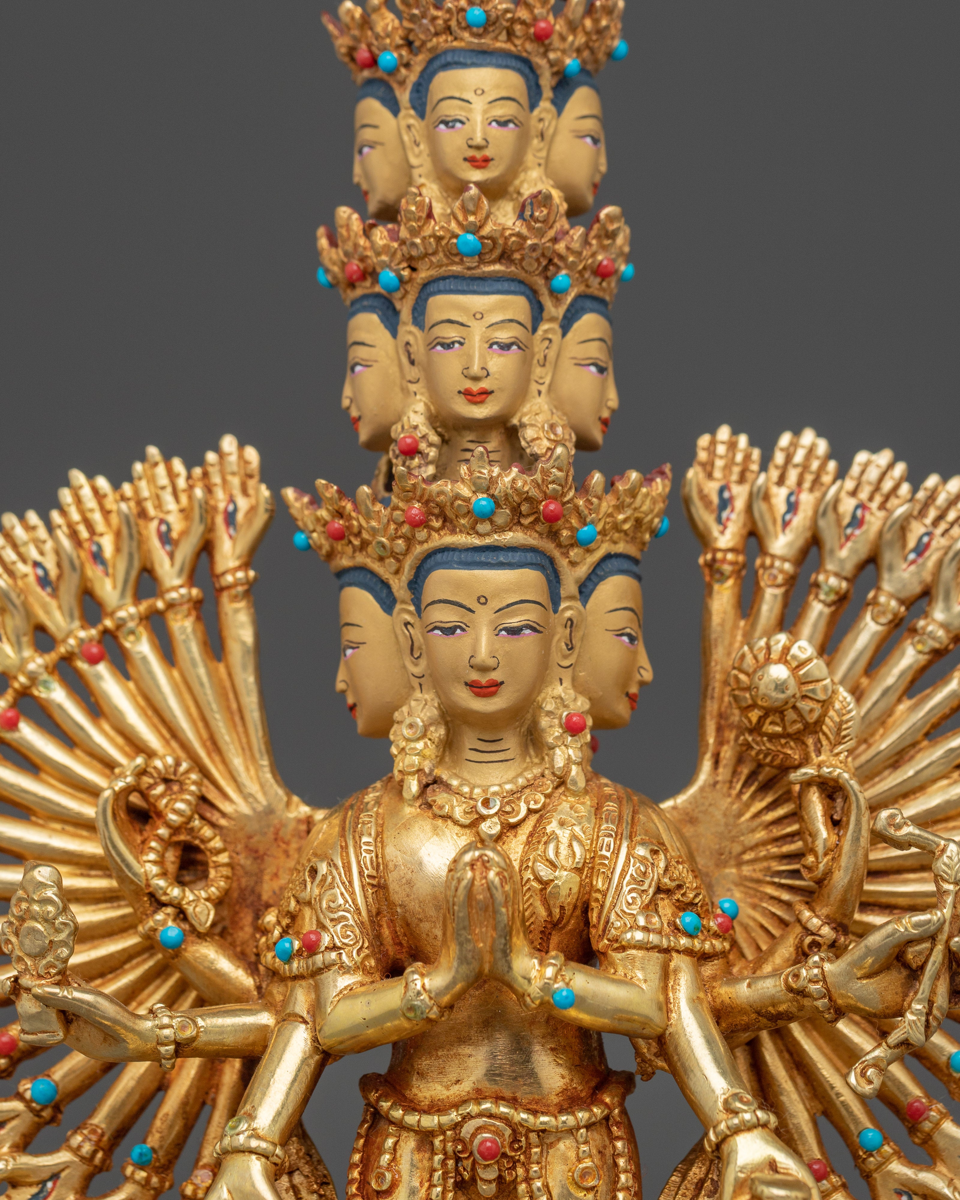 Golden Thousand Armed Chenrezig Figurine | Himalayan Traditional Sacred Artwork