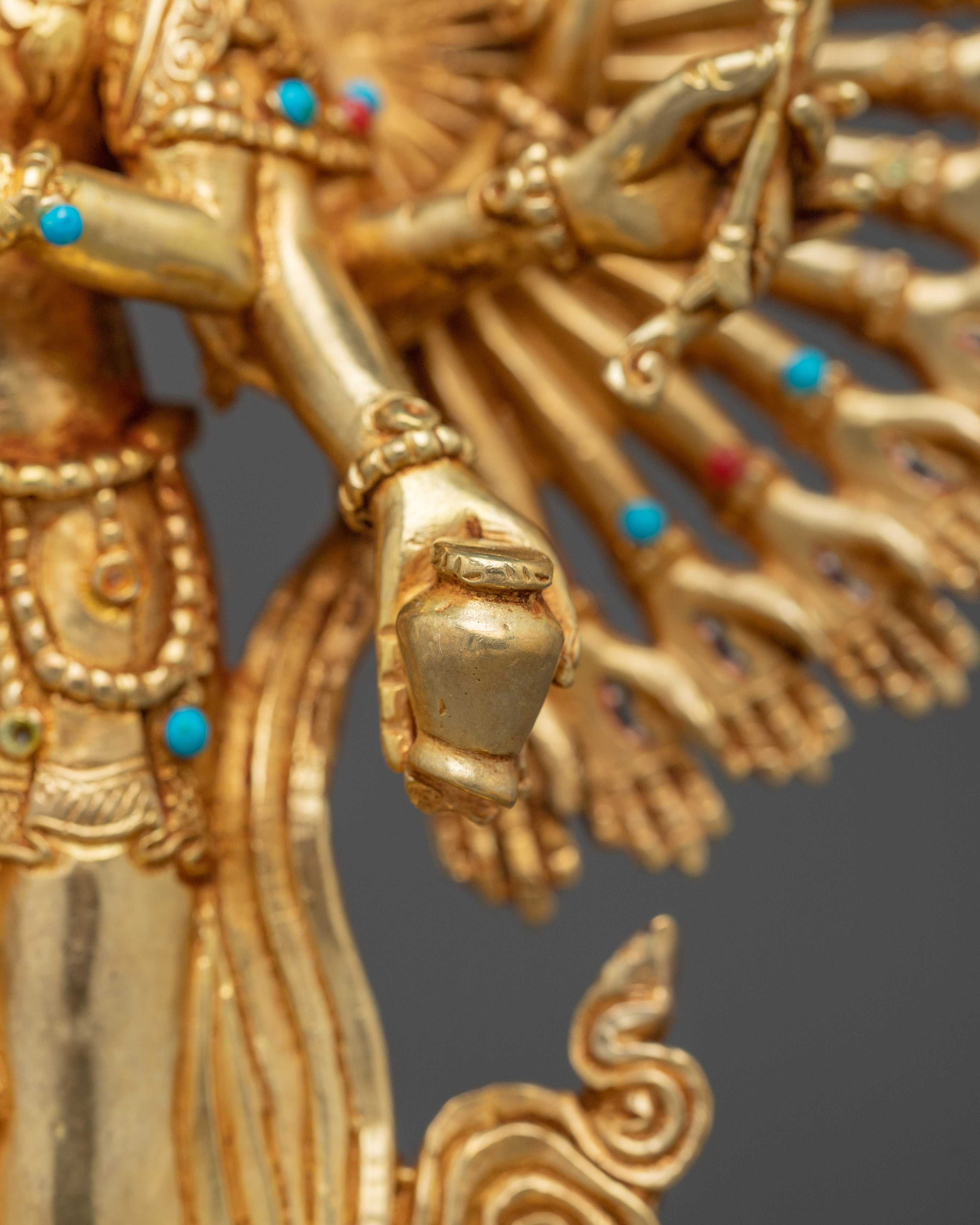 Golden Thousand Armed Chenrezig Figurine | Himalayan Traditional Sacred Artwork