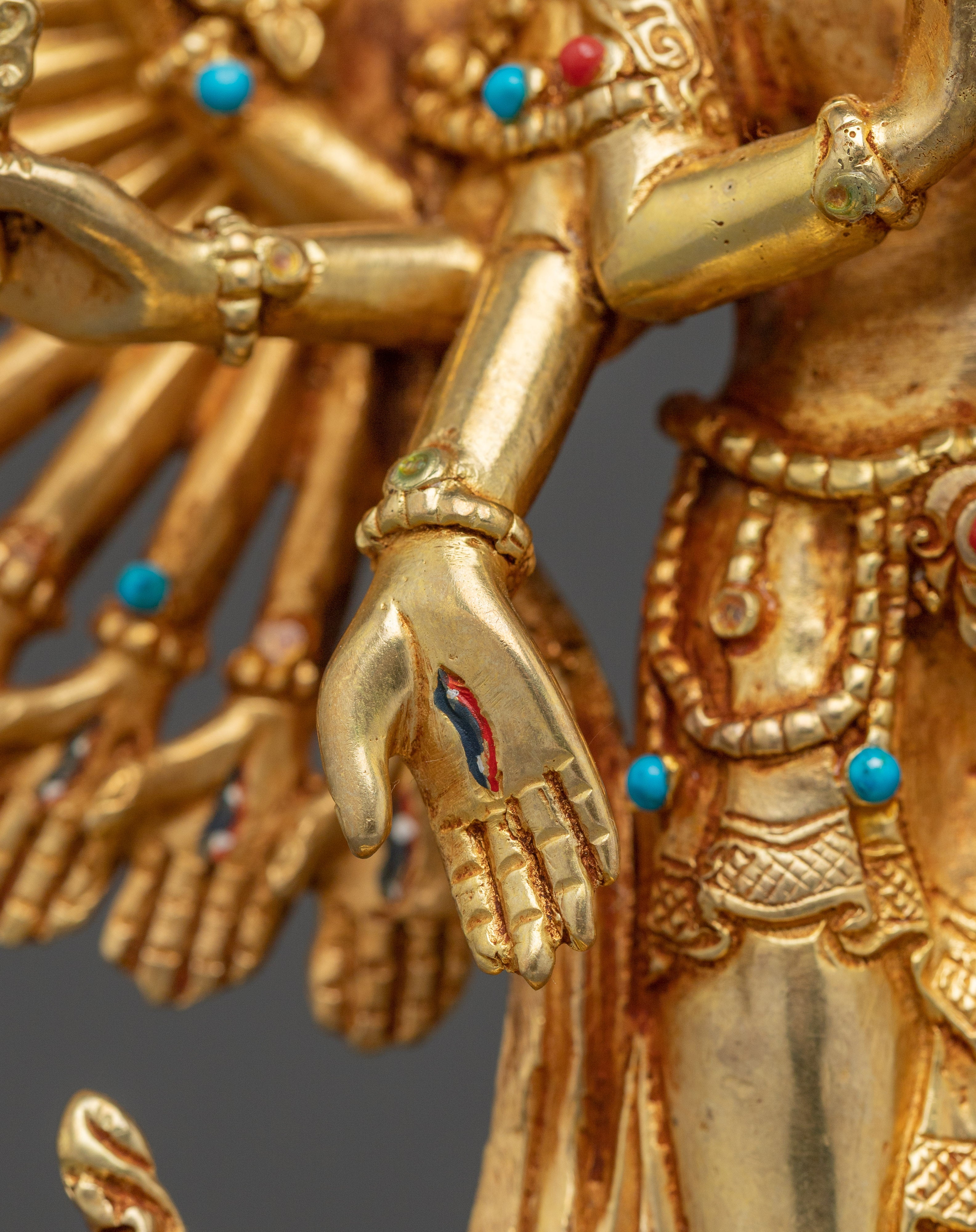Golden Thousand Armed Chenrezig Figurine | Himalayan Traditional Sacred Artwork