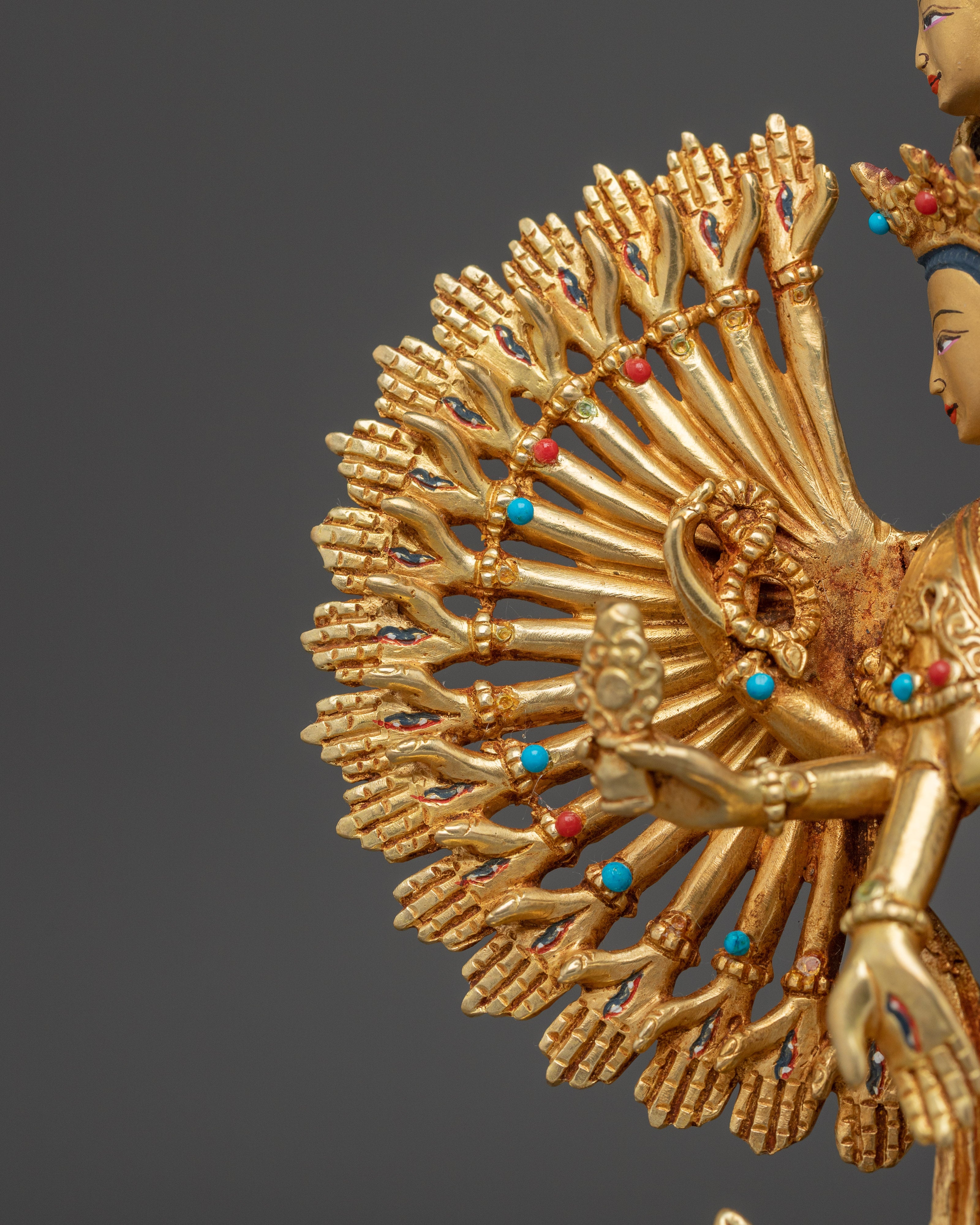 Golden Thousand Armed Chenrezig Figurine | Himalayan Traditional Sacred Artwork