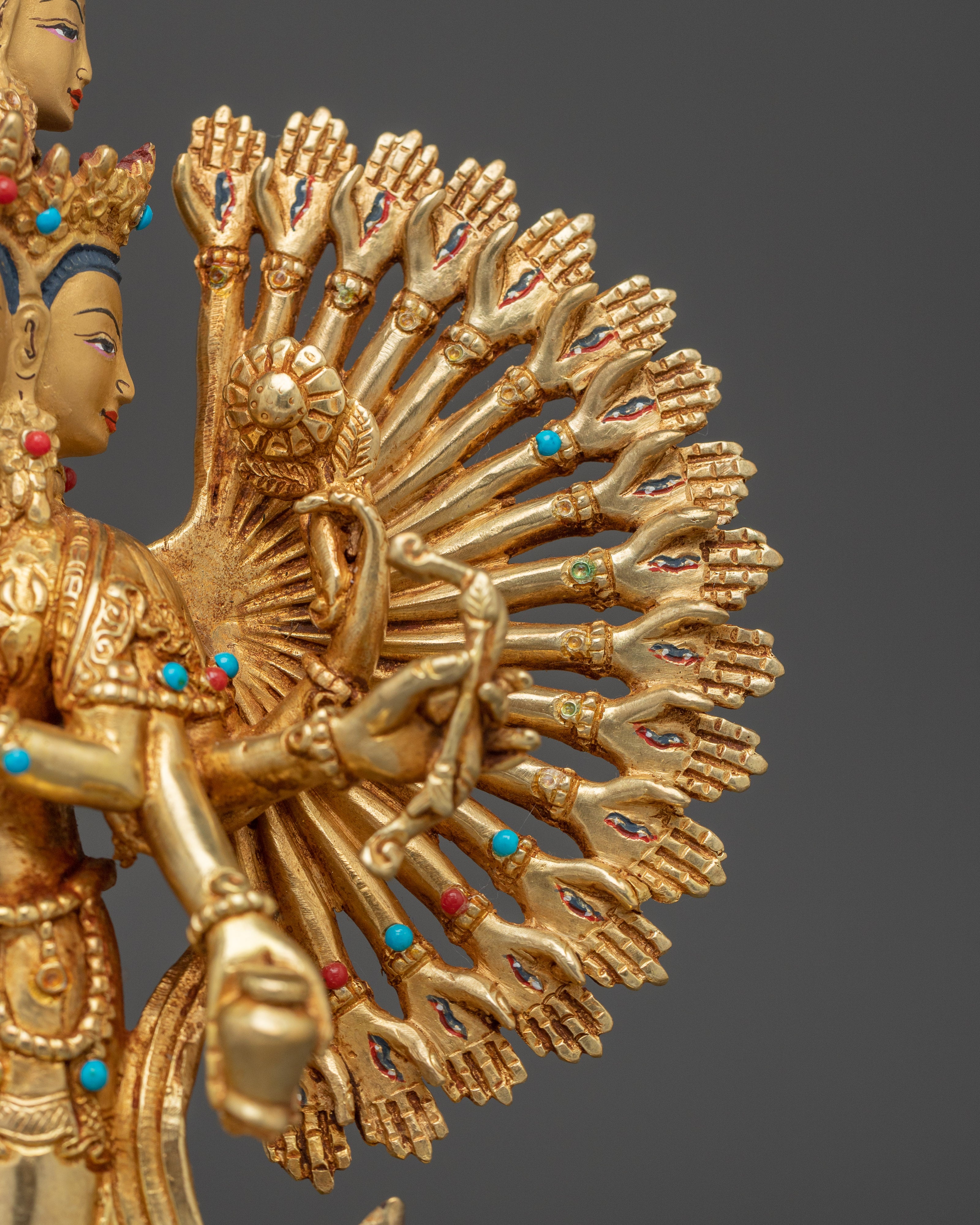 Golden Thousand Armed Chenrezig Figurine | Himalayan Traditional Sacred Artwork