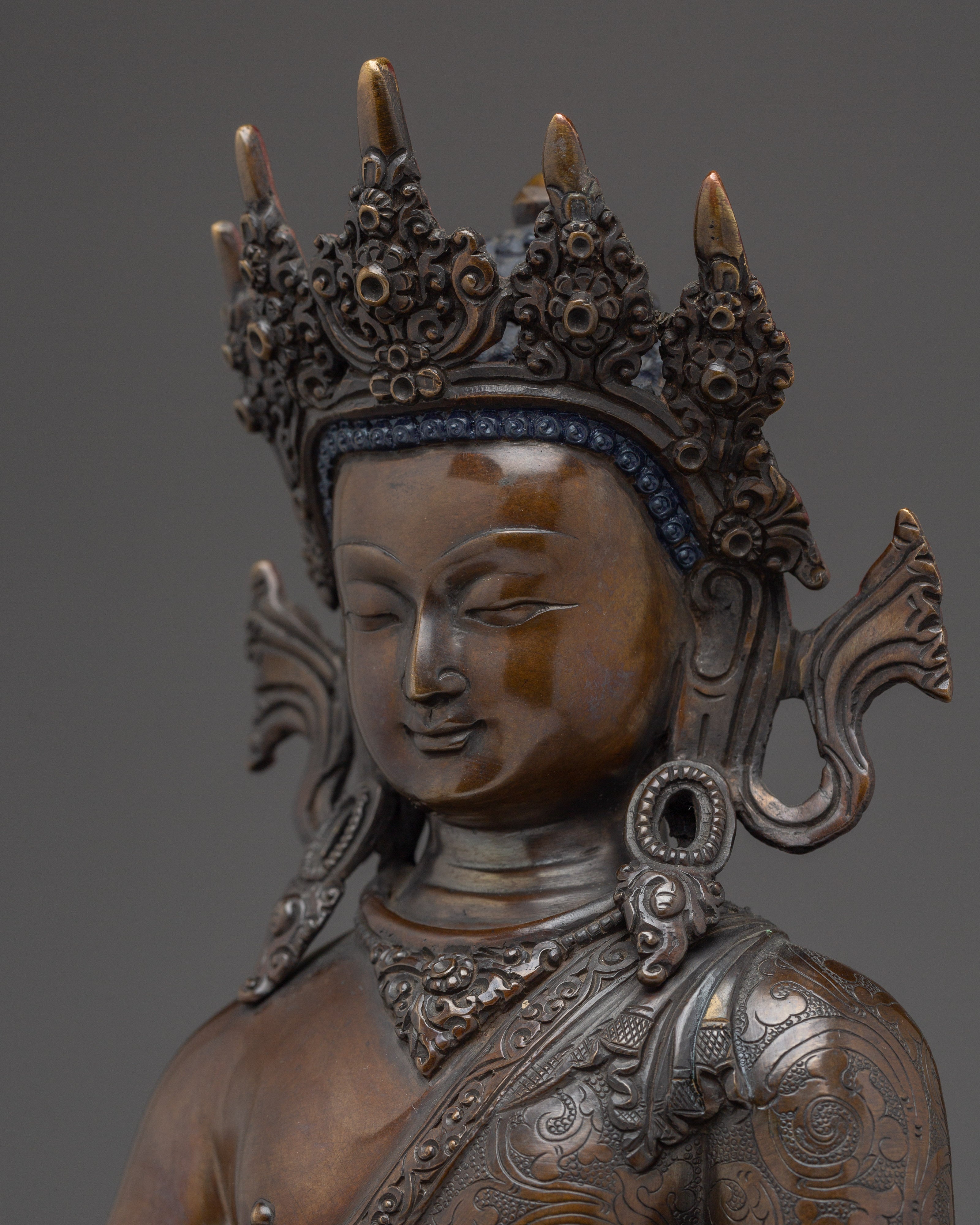 Crown Amitabha Buddha Statue in Copper | Sculpture of the Buddha of Infinite Light