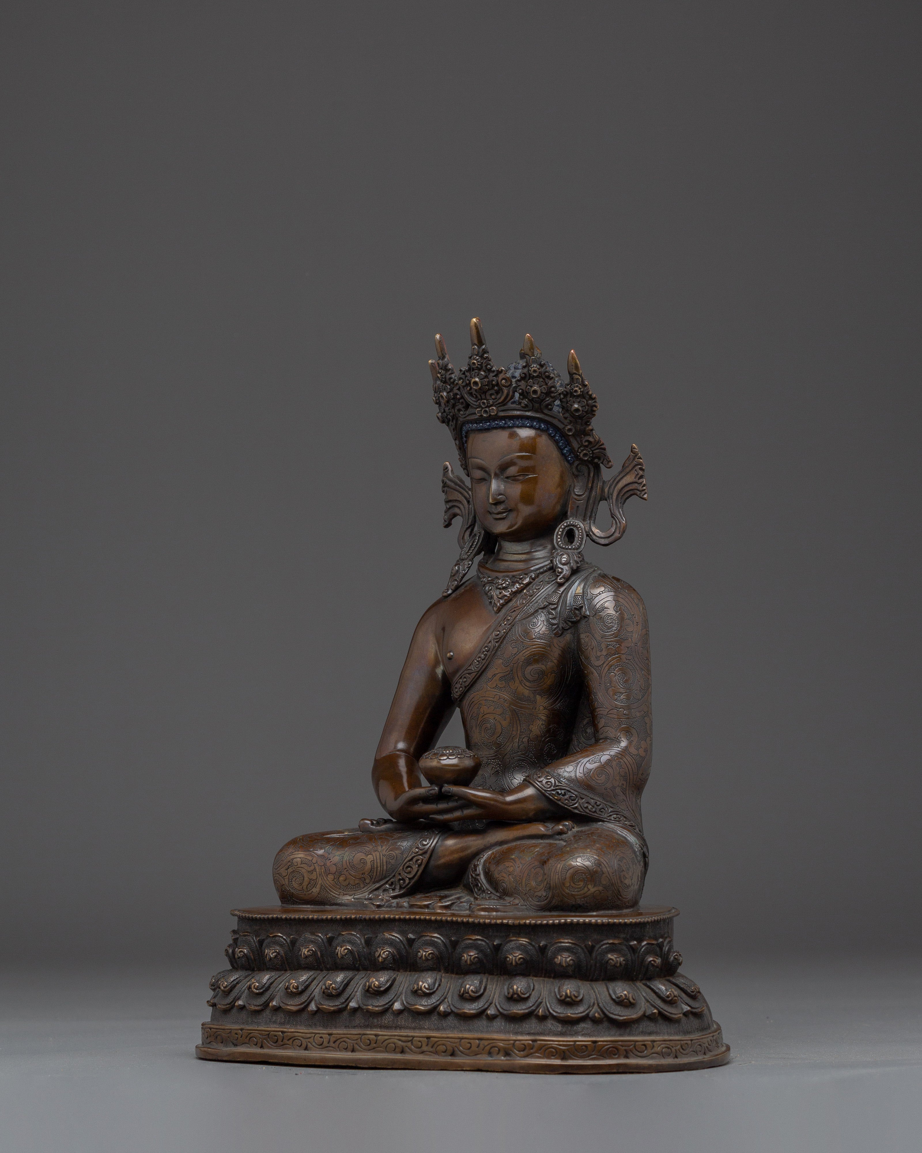 Crown Amitabha Buddha Statue in Copper | Sculpture of the Buddha of Infinite Light