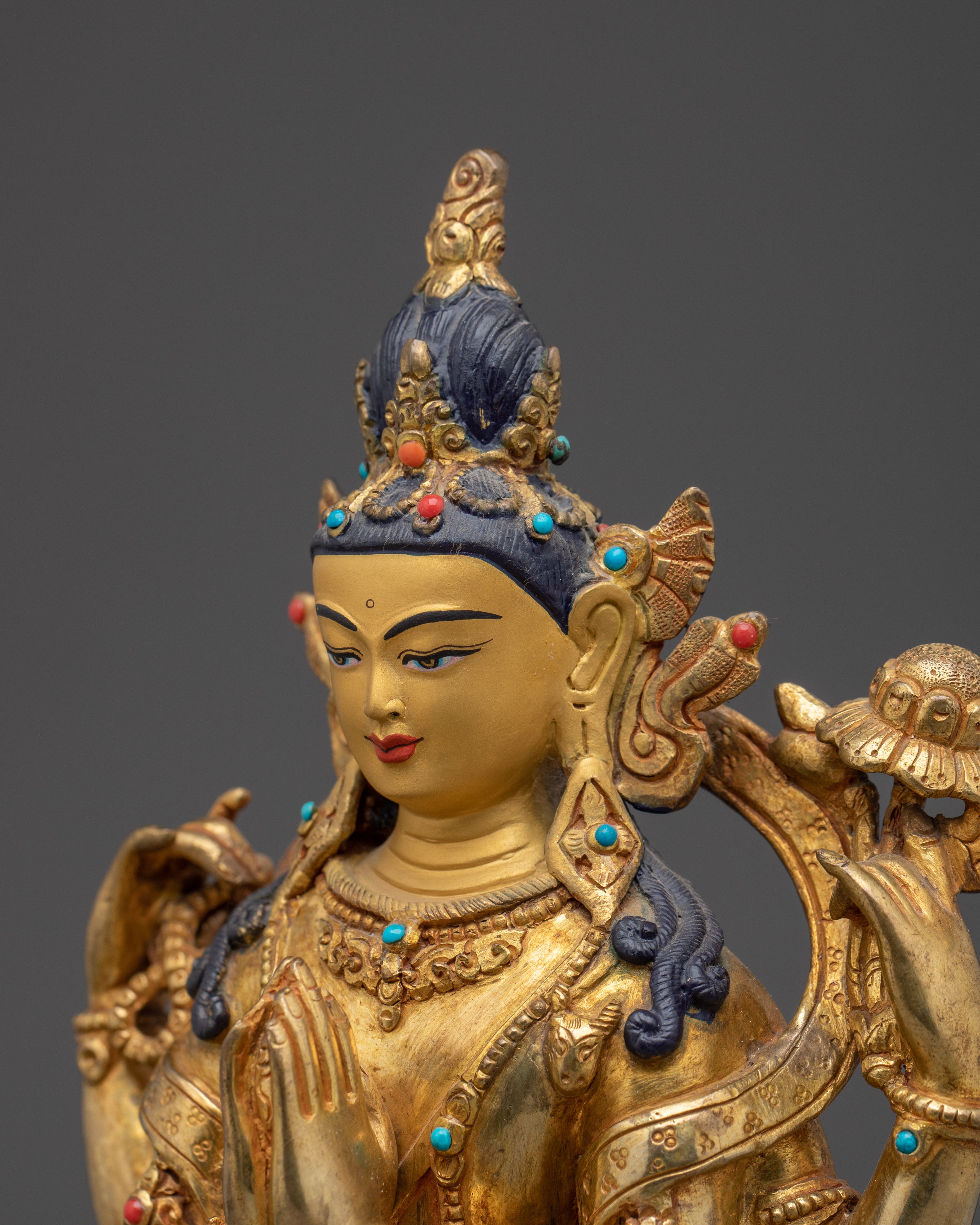 Chenrezig Gold Gilded Copper Deity | Meditation & Spiritual Compassion