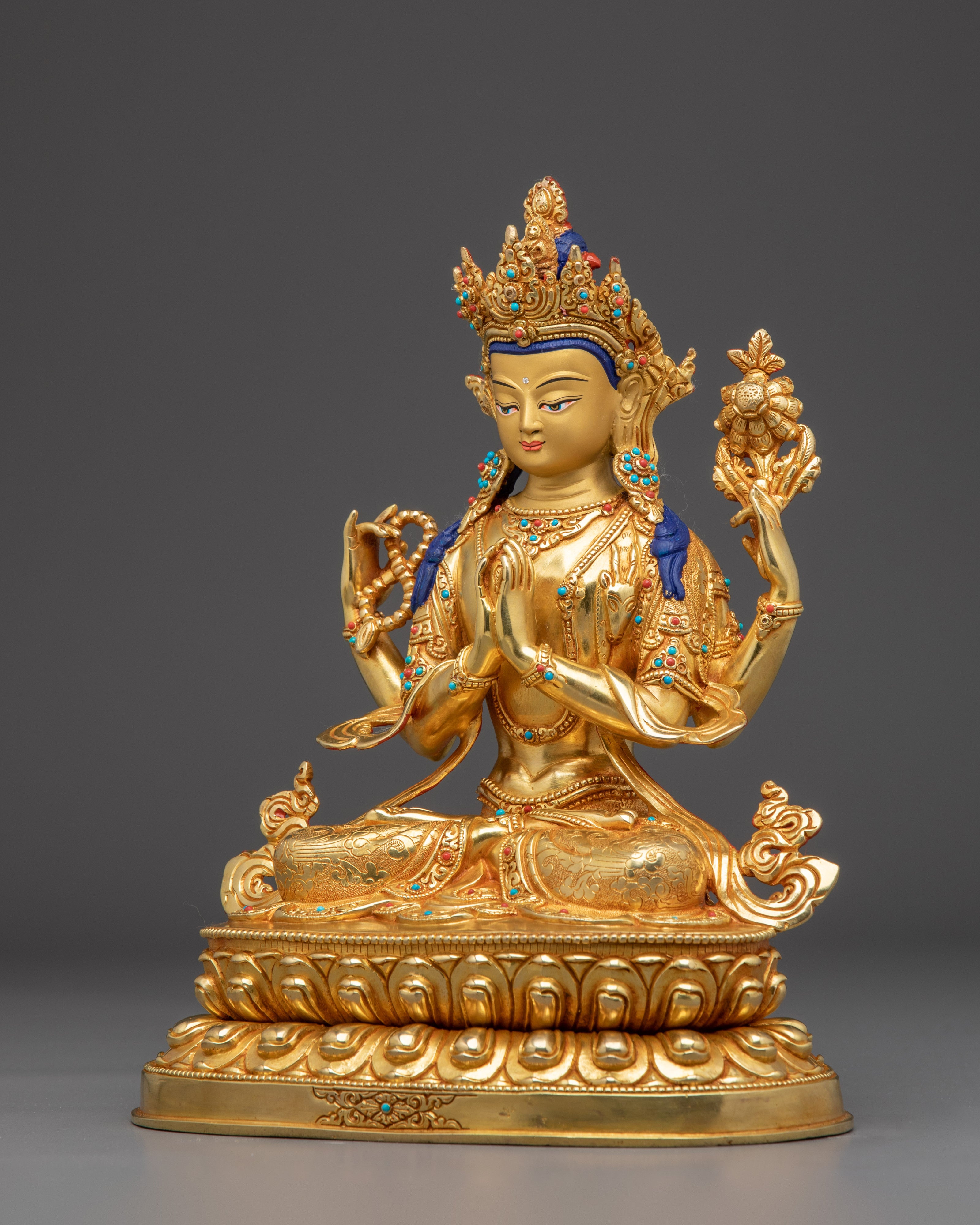 24K Gold Gilded Copper Deity Chenrezig Statue | Tibetan Buddhist Spiritual Decor