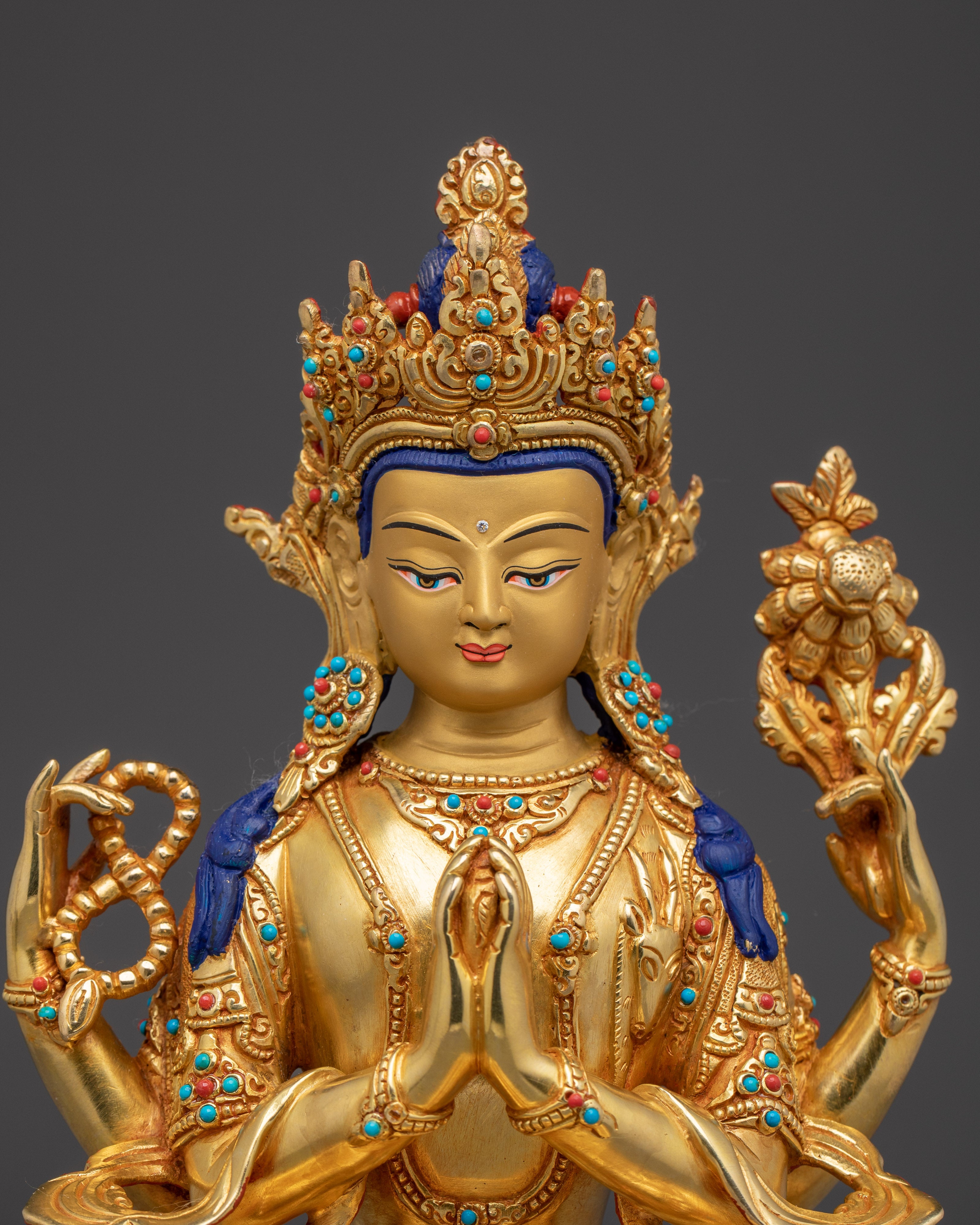 24K Gold Gilded Copper Deity Chenrezig Statue | Tibetan Buddhist Spiritual Decor