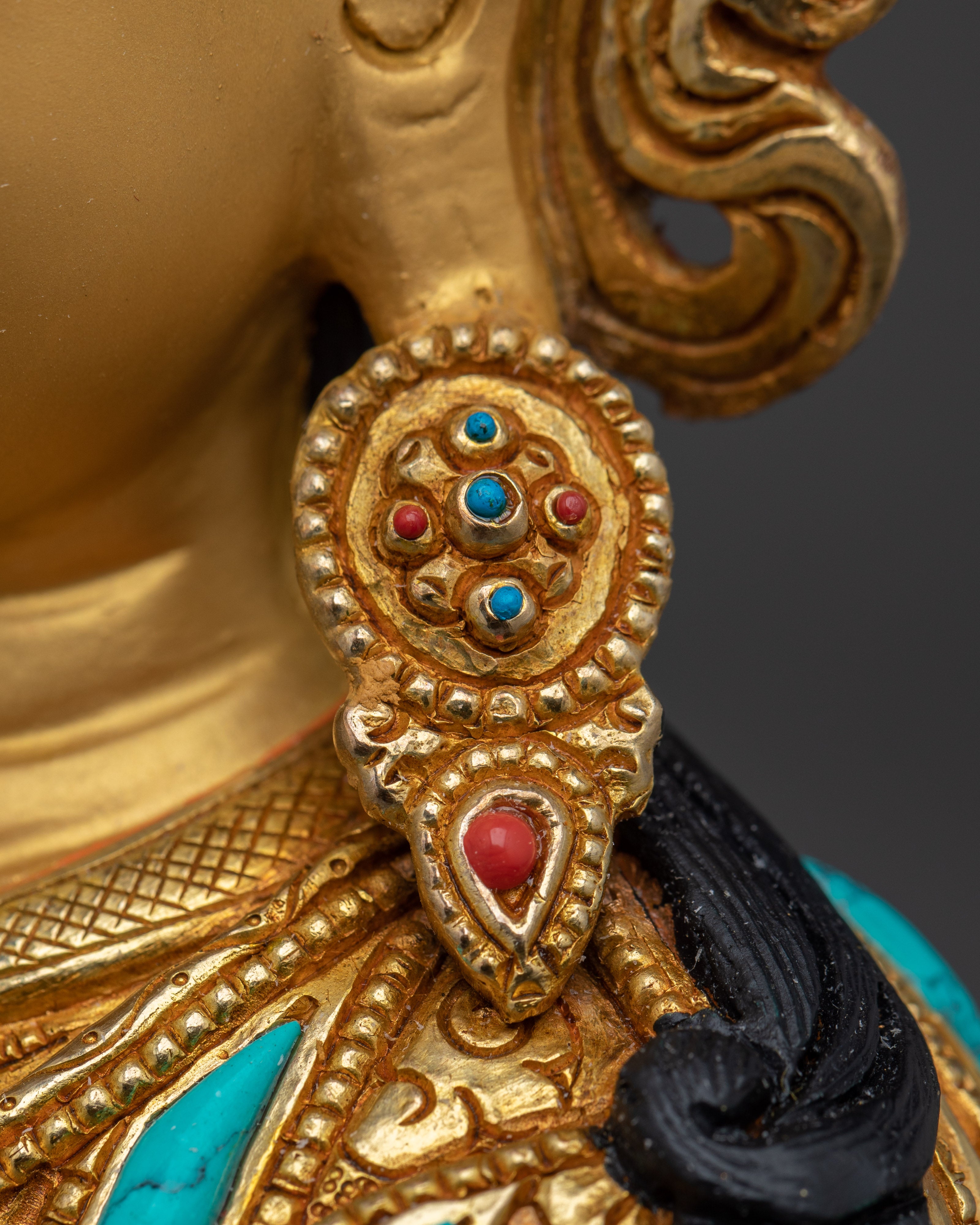 Guru Rinpoche 24K Gold Gilded Statue with Gemstones | Buddhist Sculpture for Meditation