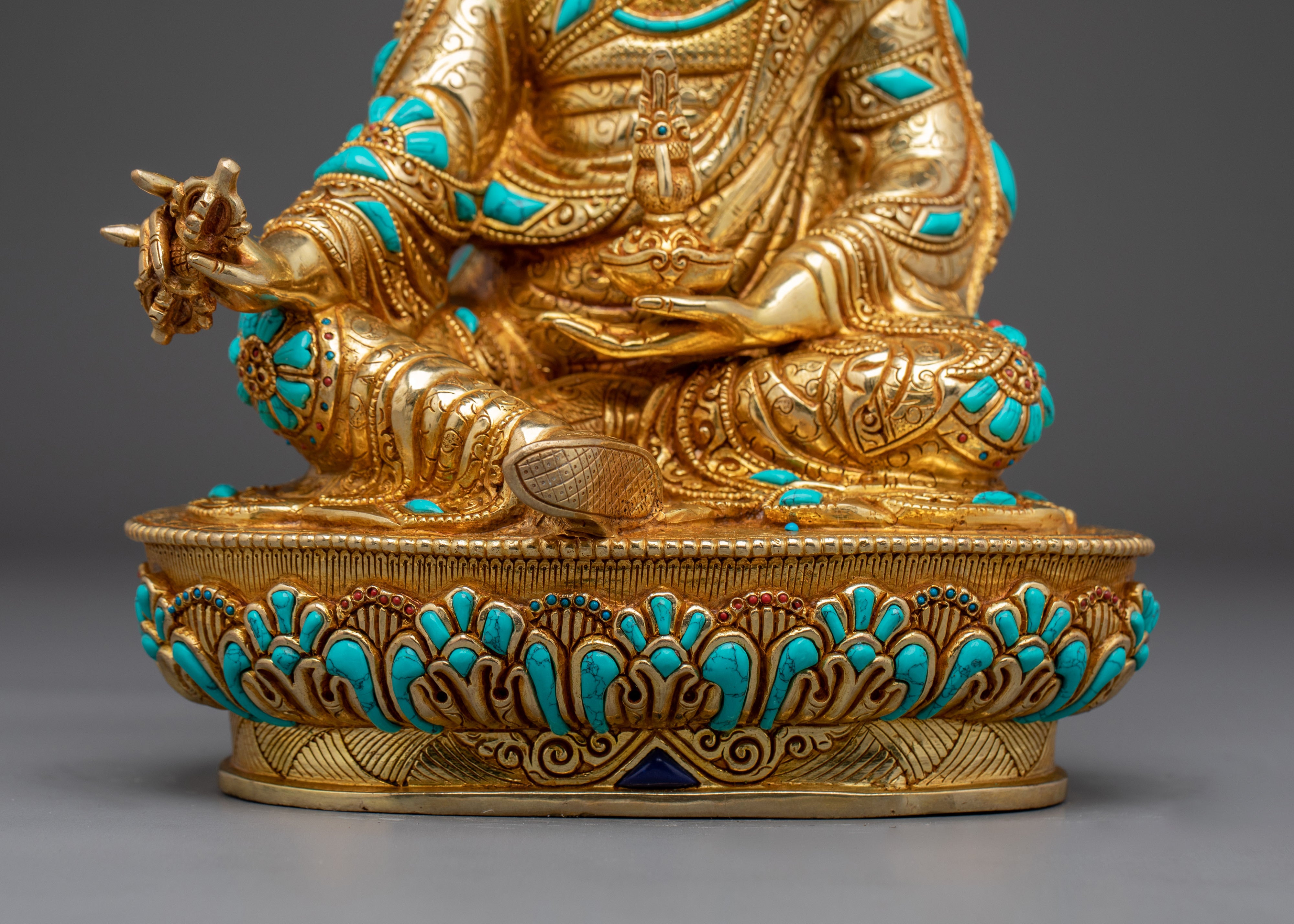Guru Rinpoche 24K Gold Gilded Statue with Gemstones | Buddhist Sculpture for Meditation