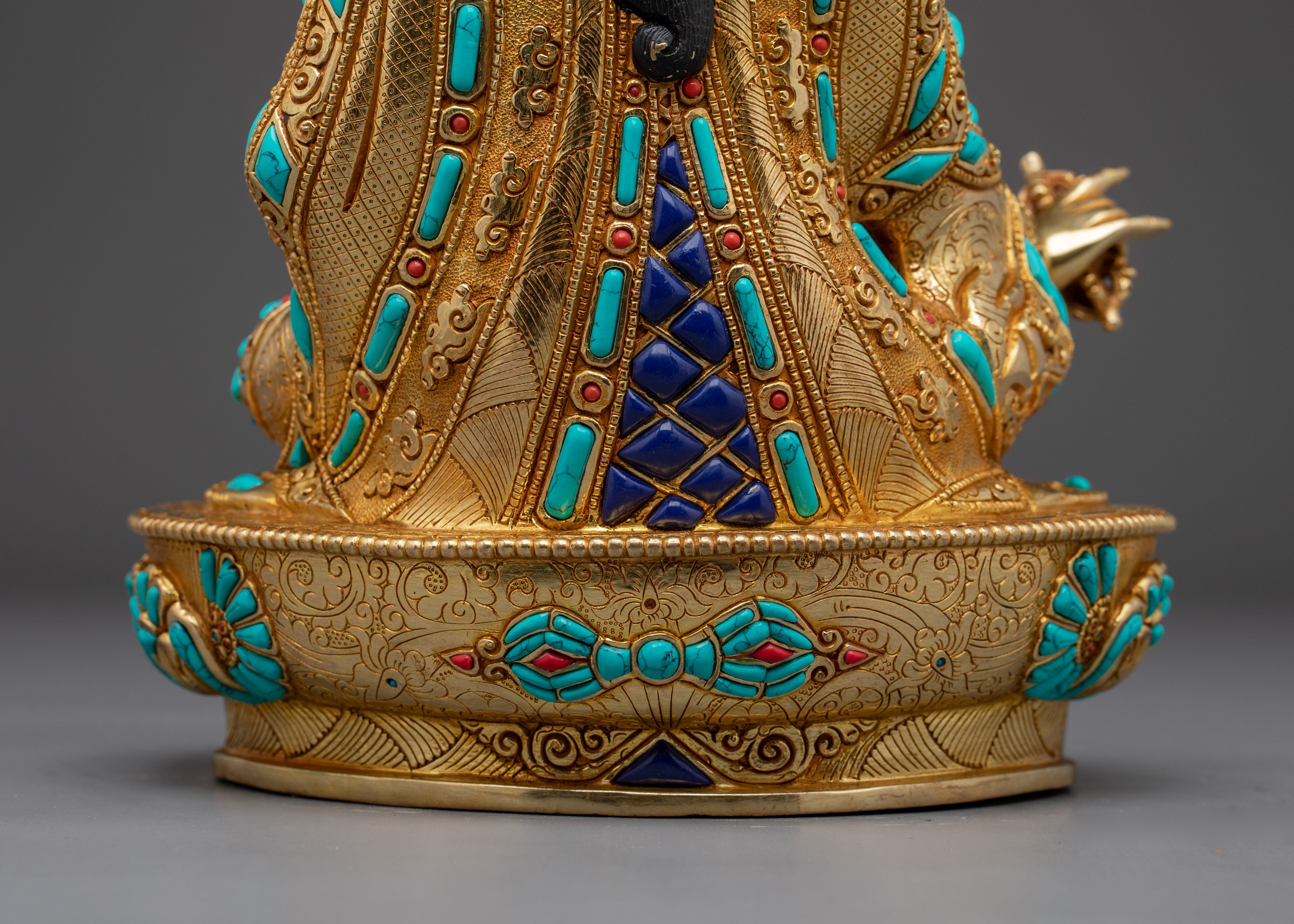 Guru Rinpoche 24K Gold Gilded Statue with Gemstones | Buddhist Sculpture for Meditation