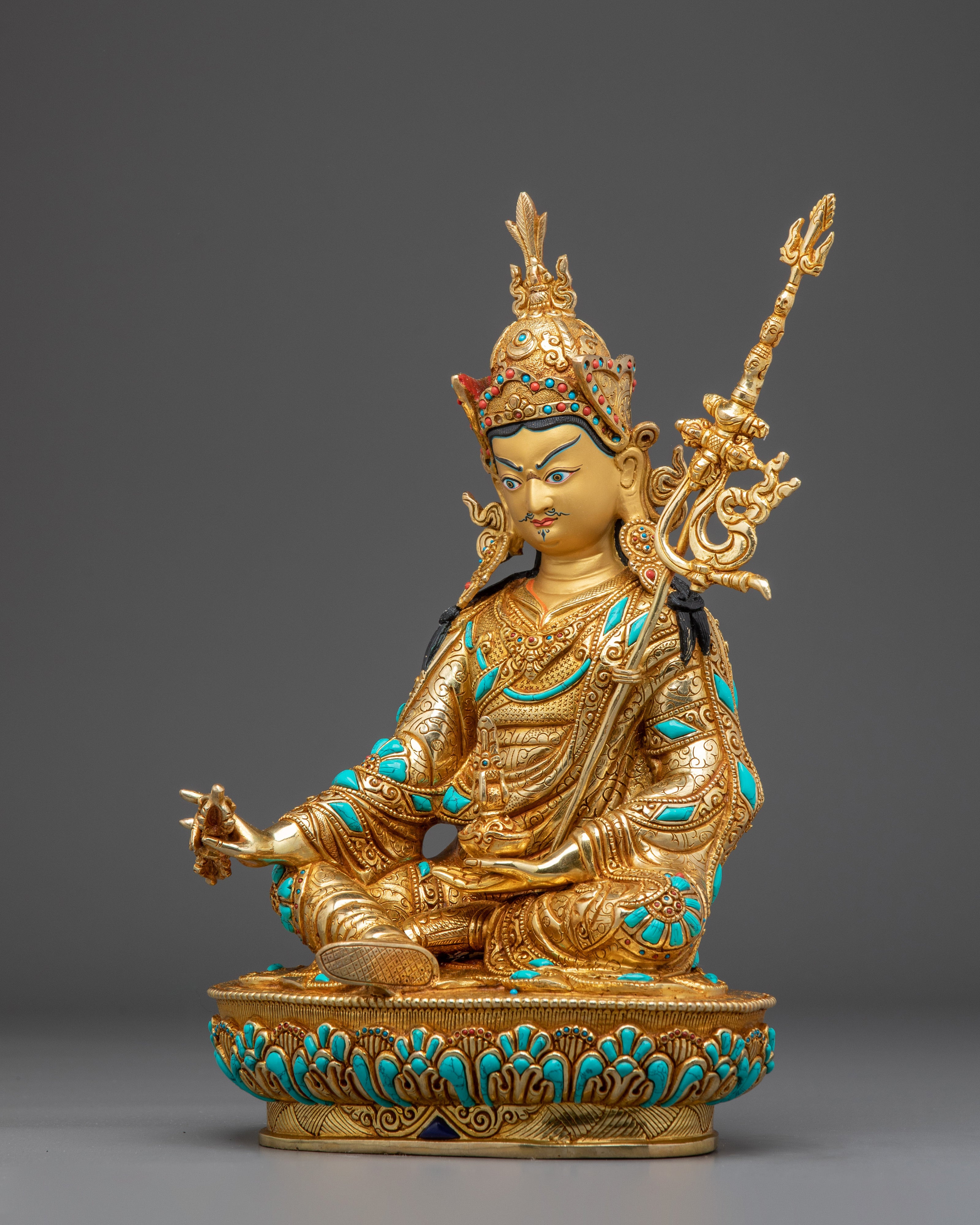 Guru Rinpoche 24K Gold Gilded Statue with Gemstones | Buddhist Sculpture for Meditation