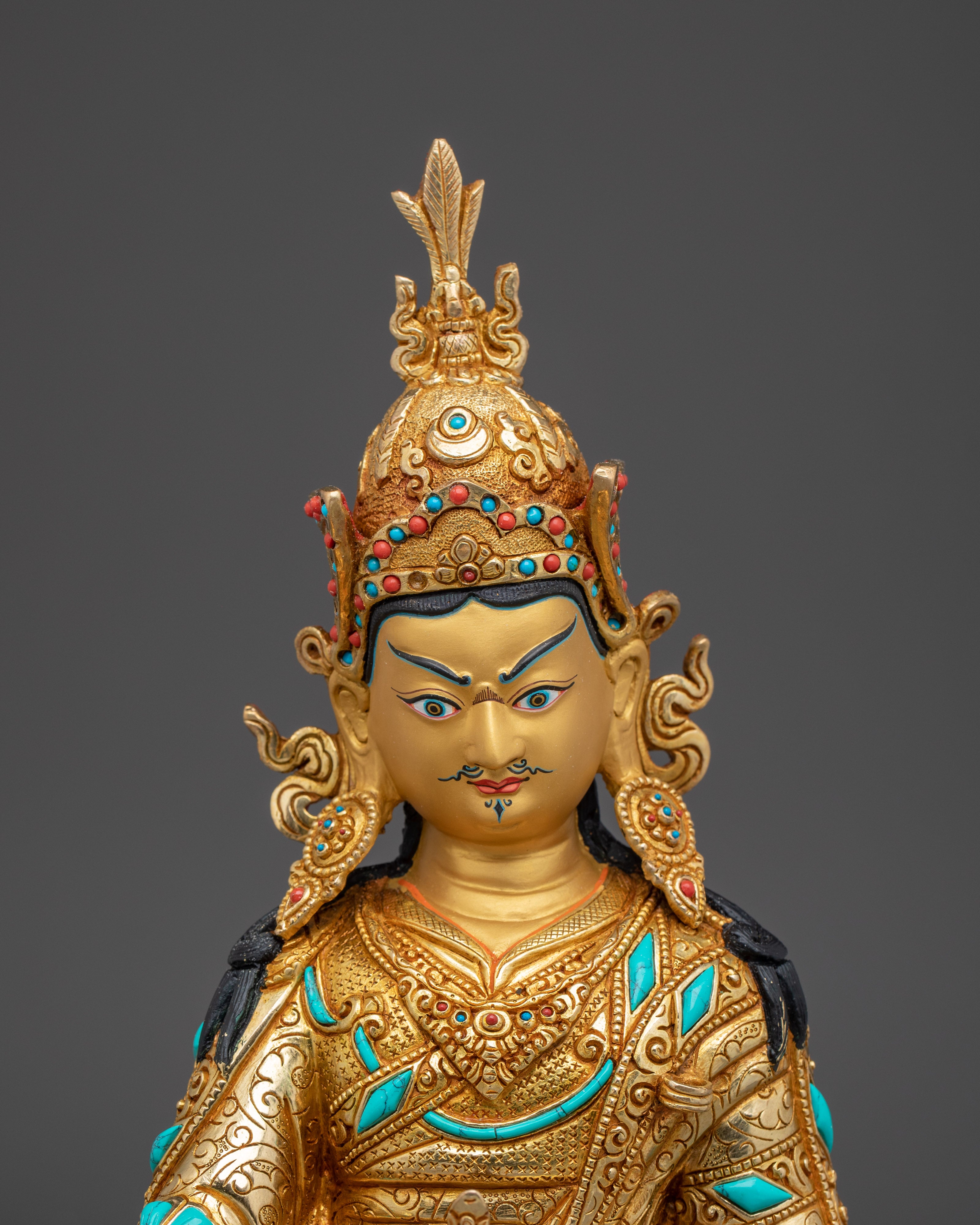 Guru Rinpoche 24K Gold Gilded Statue with Gemstones | Buddhist Sculpture for Meditation