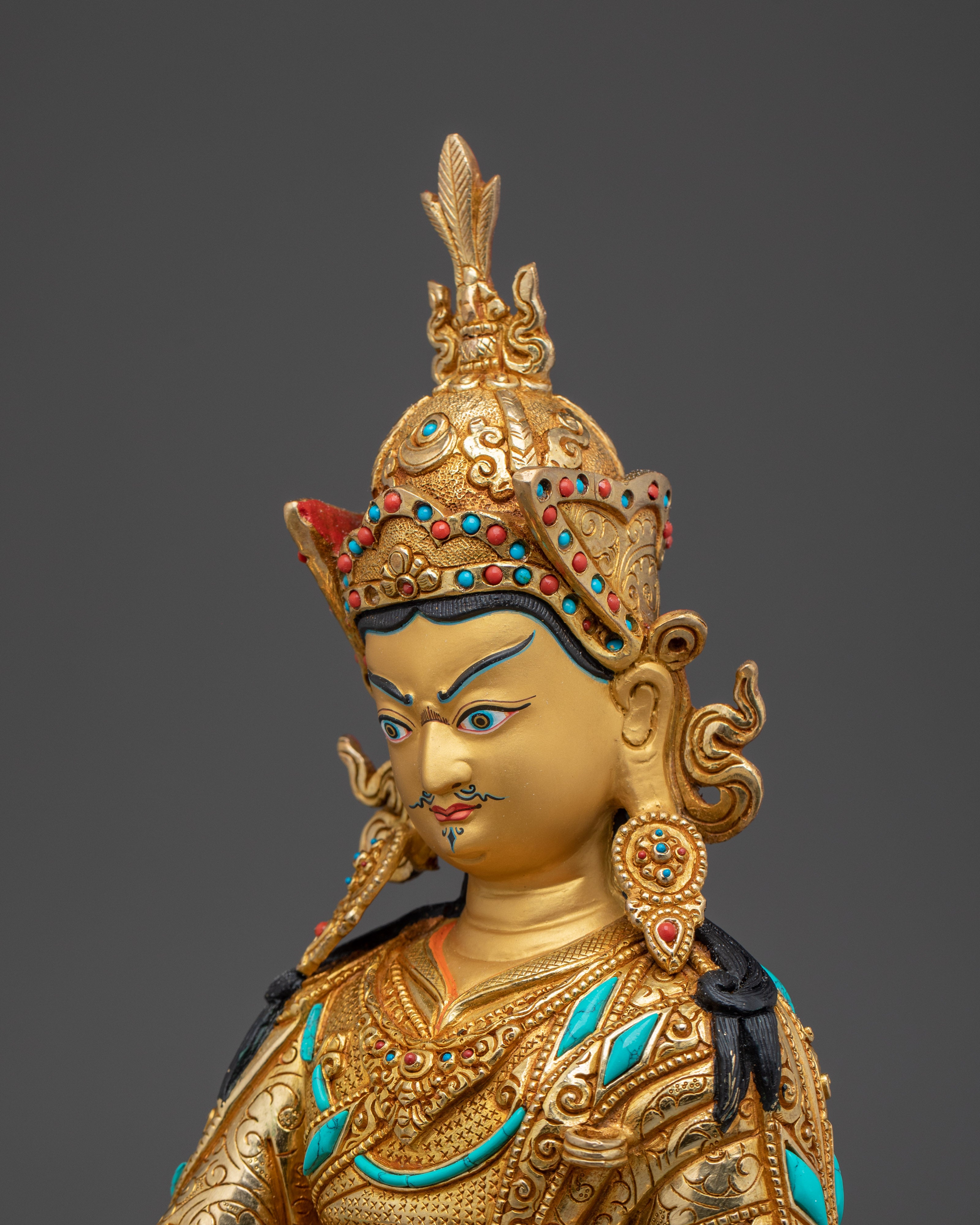 Guru Rinpoche 24K Gold Gilded Statue with Gemstones | Buddhist Sculpture for Meditation