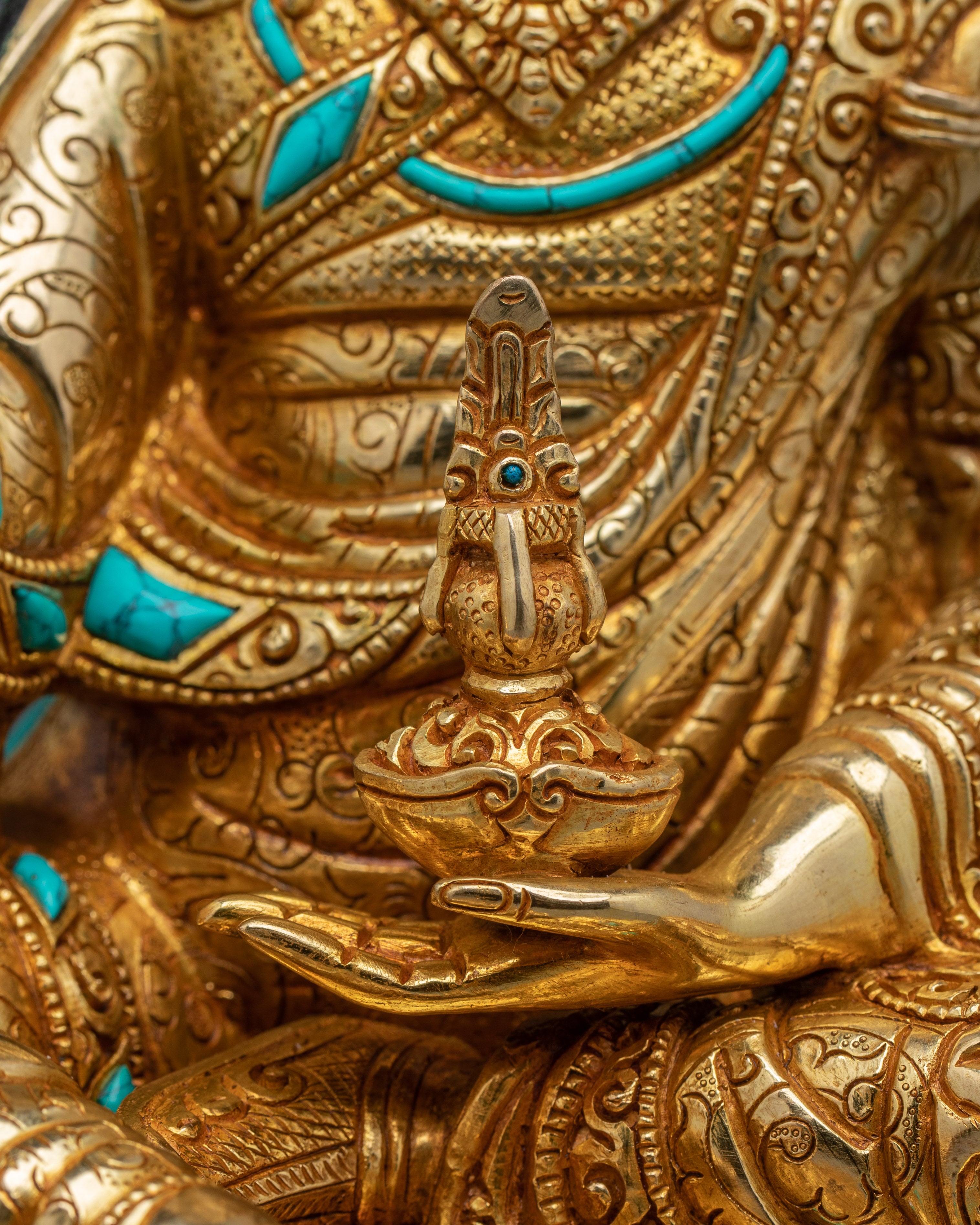 Guru Rinpoche 24K Gold Gilded Statue with Gemstones | Buddhist Sculpture for Meditation