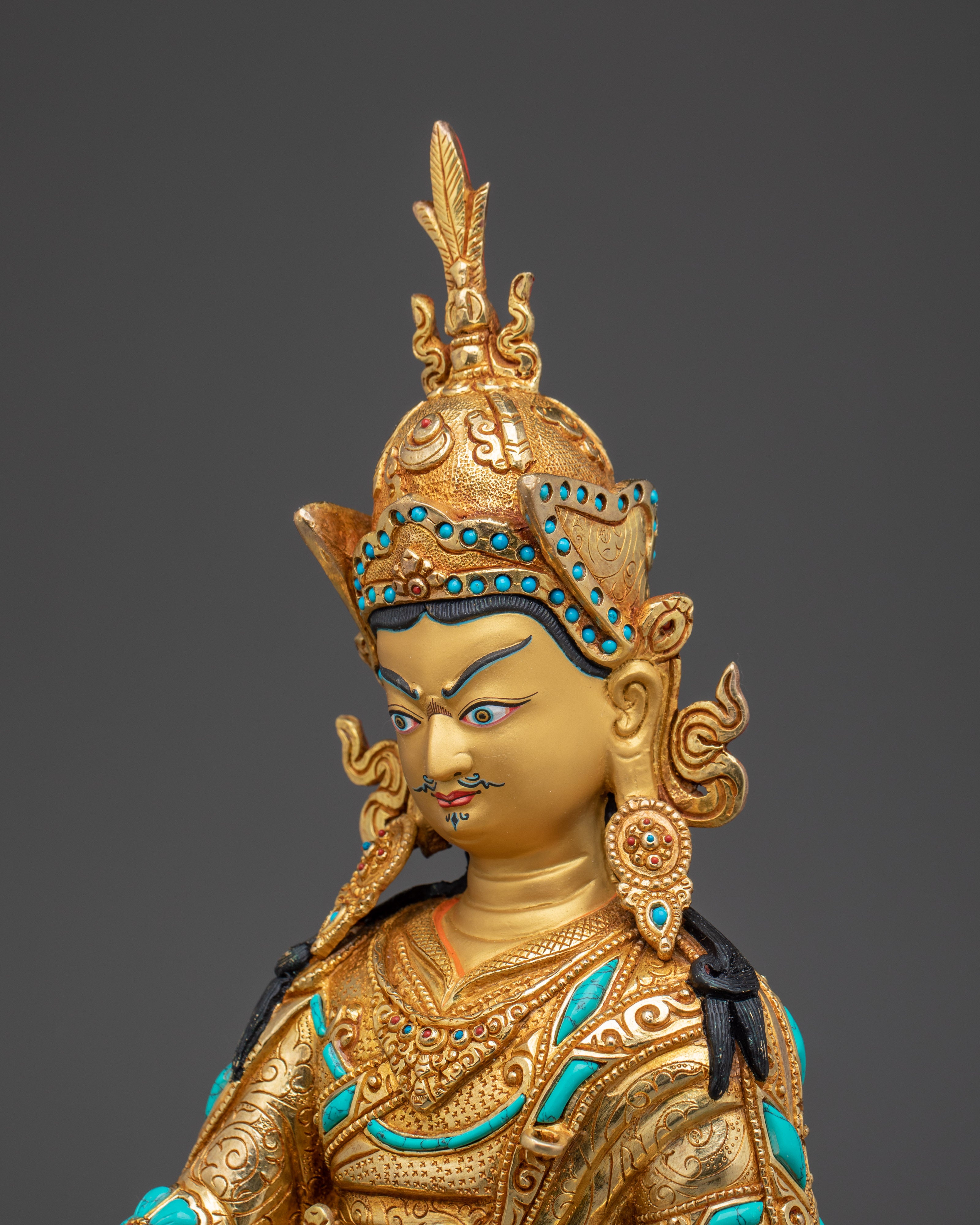 Guru Rinpoche statue in 24K gold gilded copper | Gemstones & Acrylic Paintings