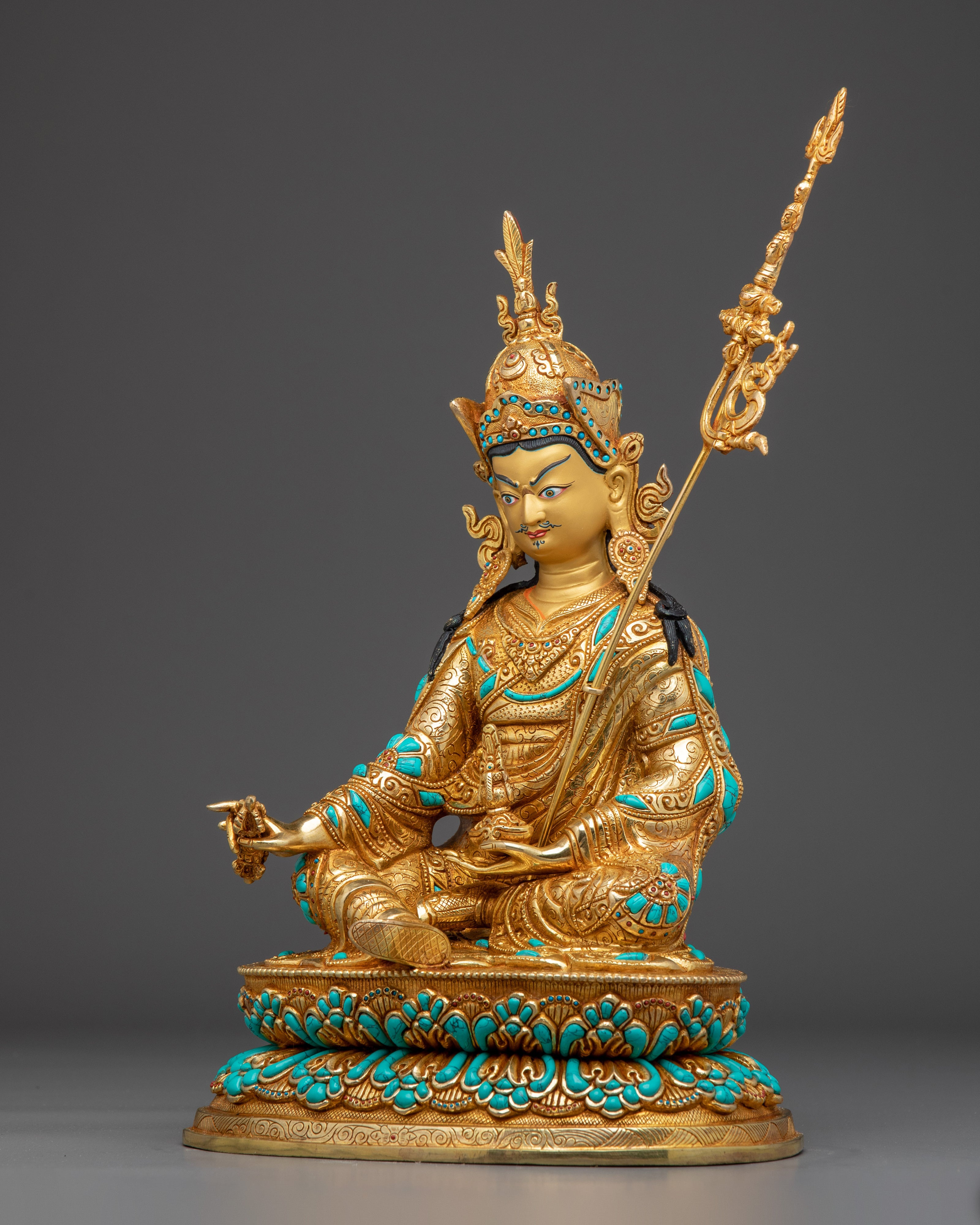 Guru Rinpoche statue in 24K gold gilded copper | Gemstones & Acrylic Paintings